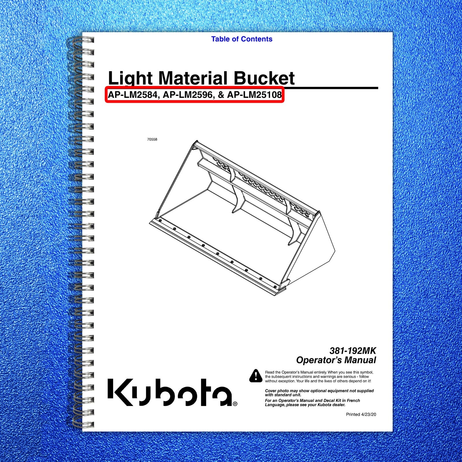 LAND PRIDE LM25 Series Light Material Bucket Operators Manual - WIRE BOUND