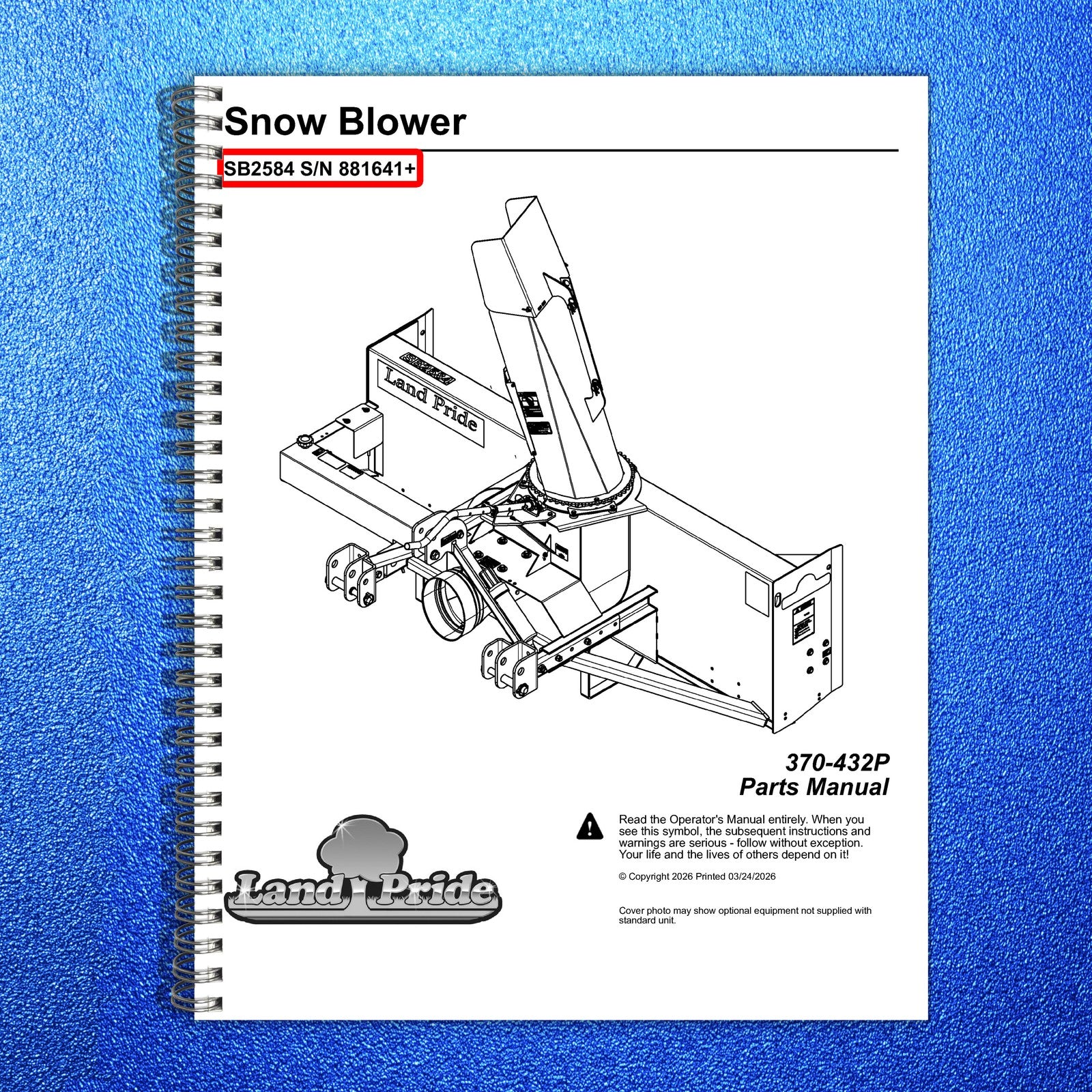 LAND PRIDE SB25 Series Snow Blowers Parts Manual 2026 - WIRE BOUND - COVERS