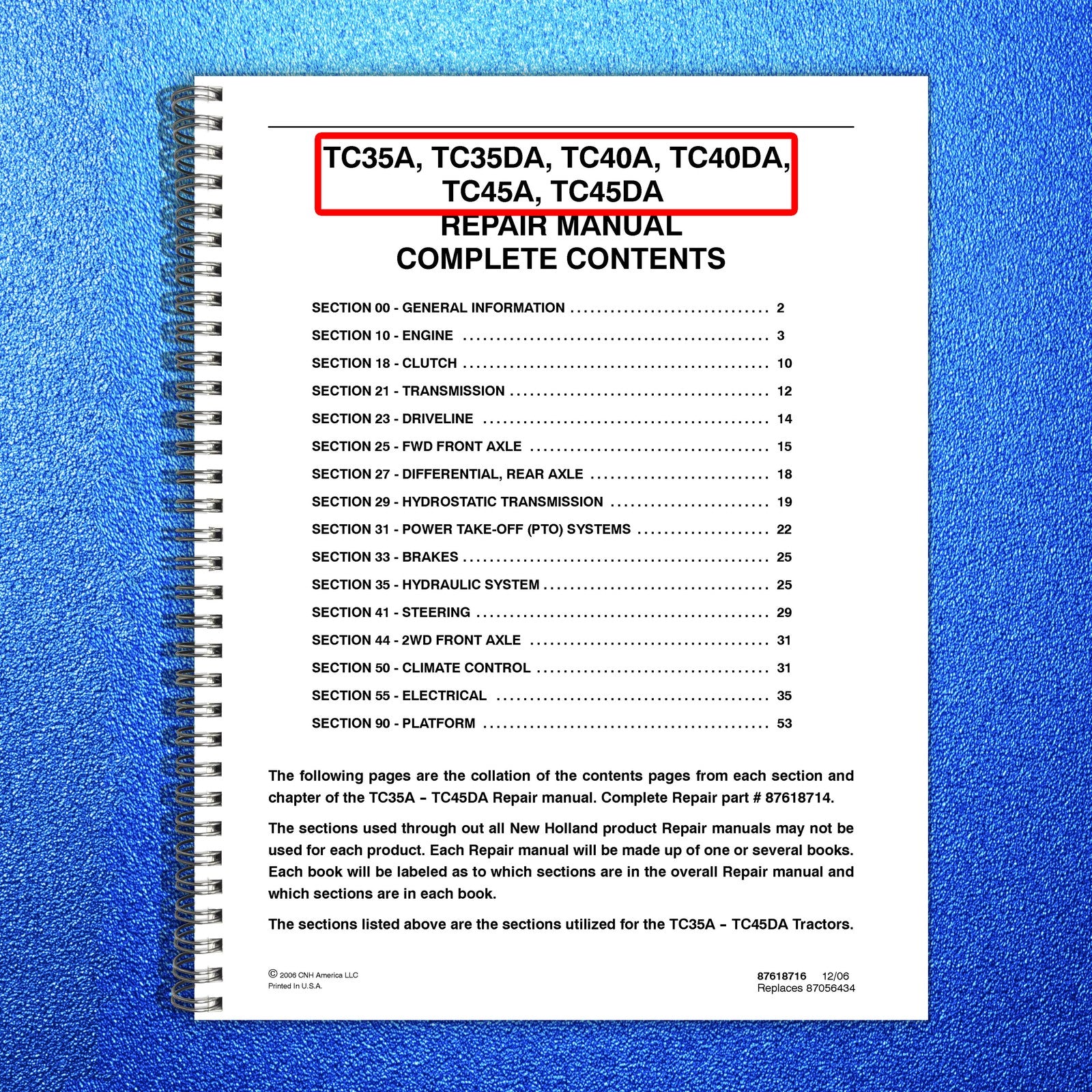 NEW HOLLAND TC35A 35DA 40A 40DA 45A 45DA Tractor Service Manual 2006 - BOUND