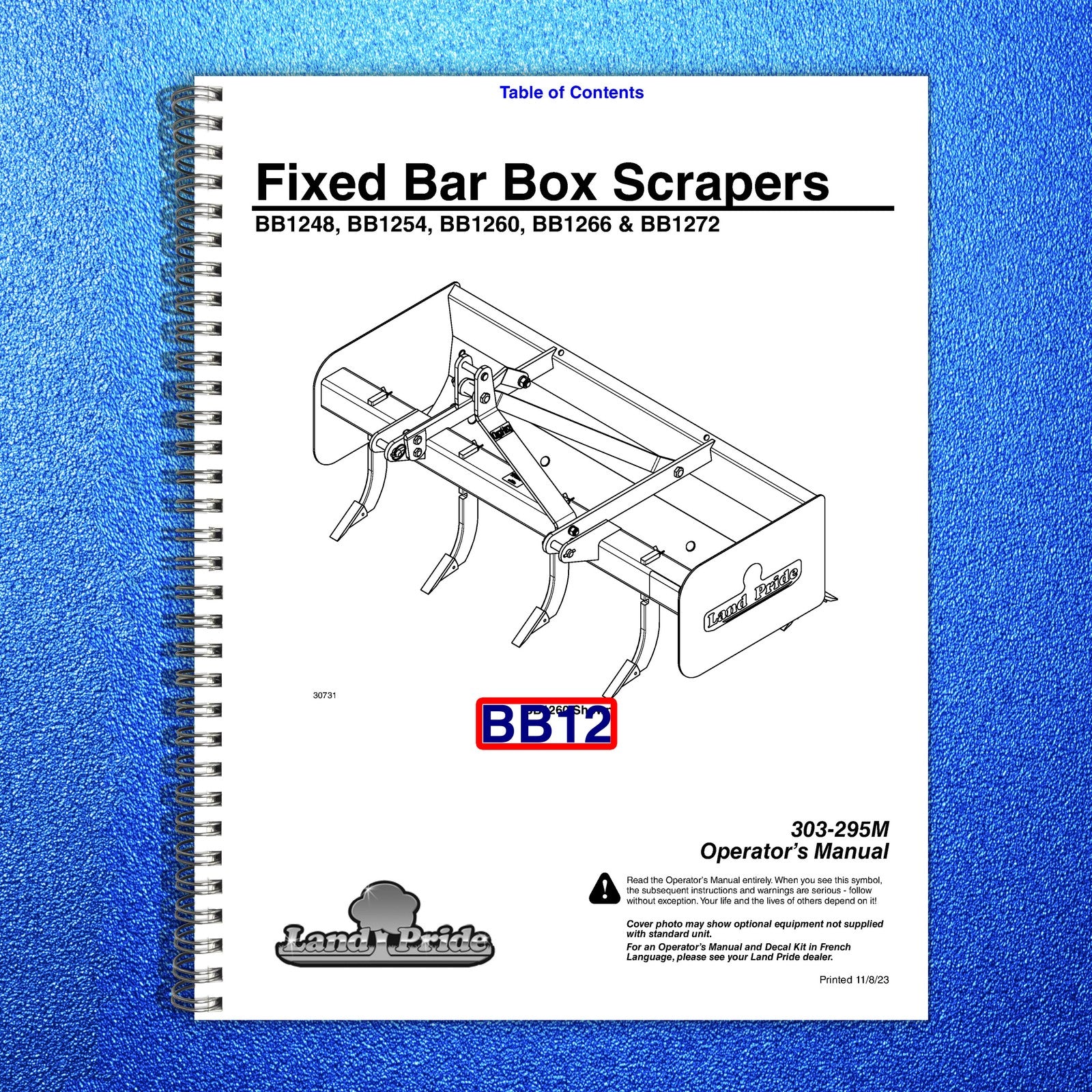 LAND PRIDE BB12 Series Box Scrapers Operators Manual - WIRE BOUND - TOUGH COVERS