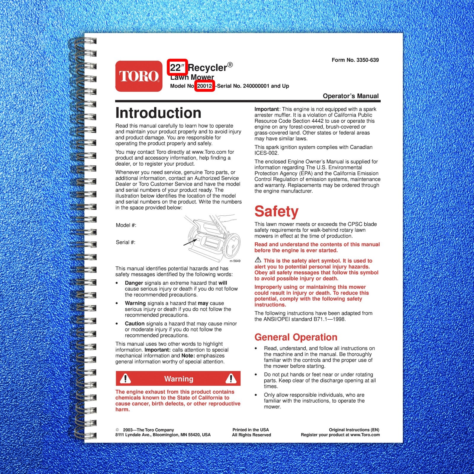 TORO 20012 22 Recycler Lawn Mower Operators Manual 2003 - WIRE BOUND - COVERS