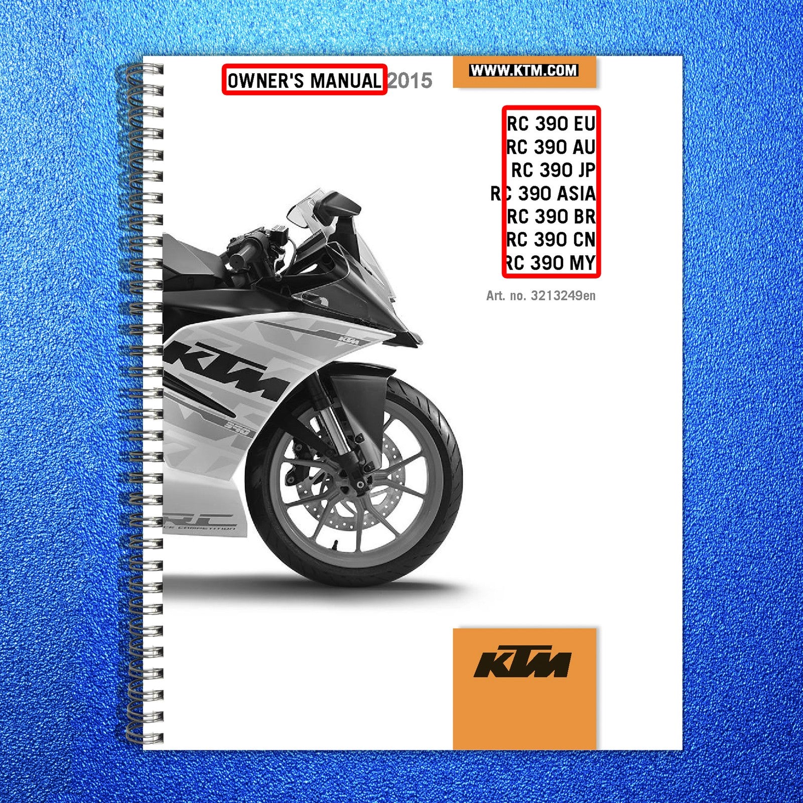 KTM RC 390 Motorcycle Owners Manual 2015 - STEEL WIRE BOUND - PROTECTIVE COVERS