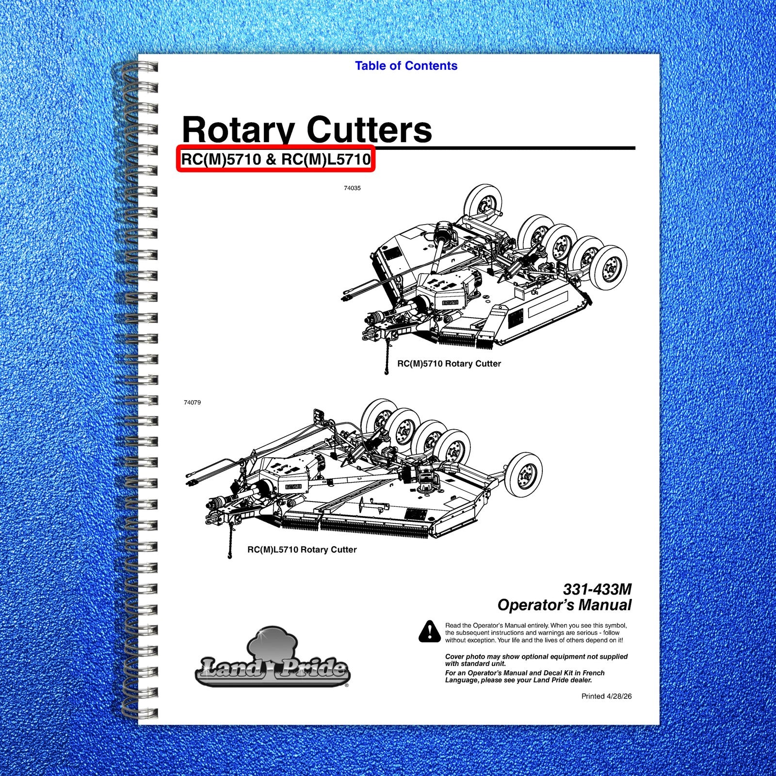 LAND PRIDE RC5710 Series Rotary Cutters Operators Manual - WIRE BOUND - COVERS