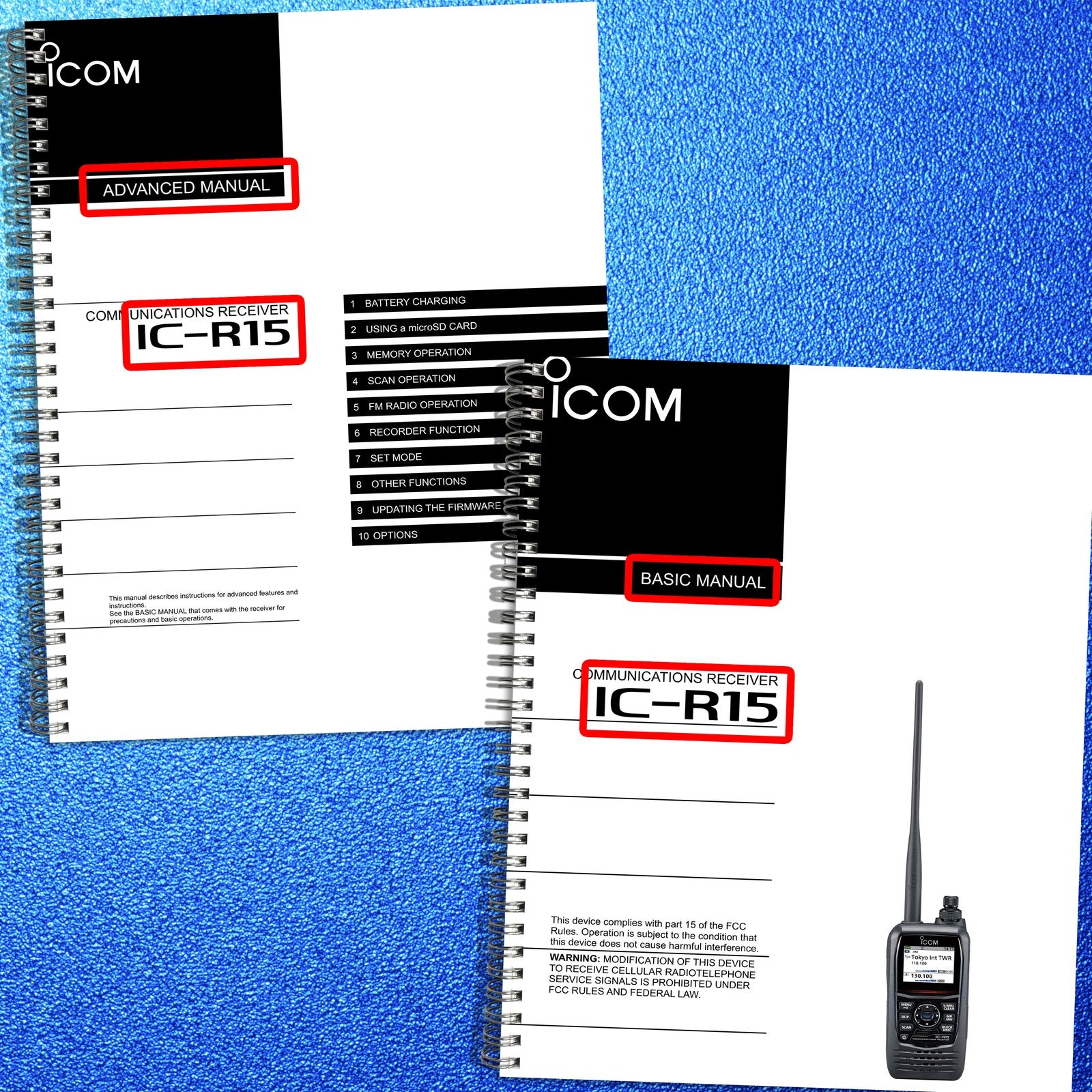ICOM IC-R15 Receiver Advanced & Basic Manuals BUNDLE - WIRE BOUND - TOUGH COVERS