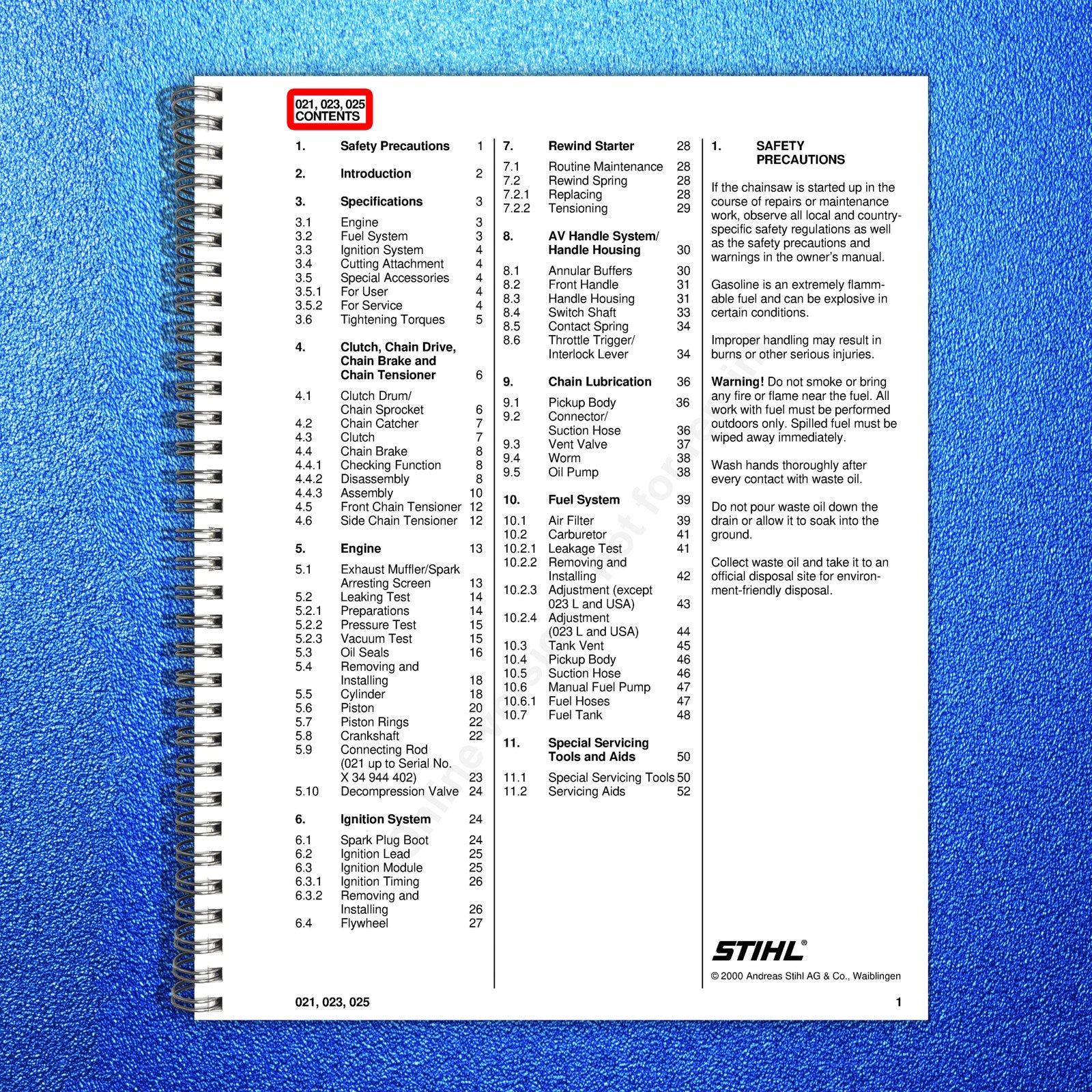 STIHL 021 023 025 Chainsaw Workshop Manual - STEEL WIRE BOUND - TOUGH COVERS