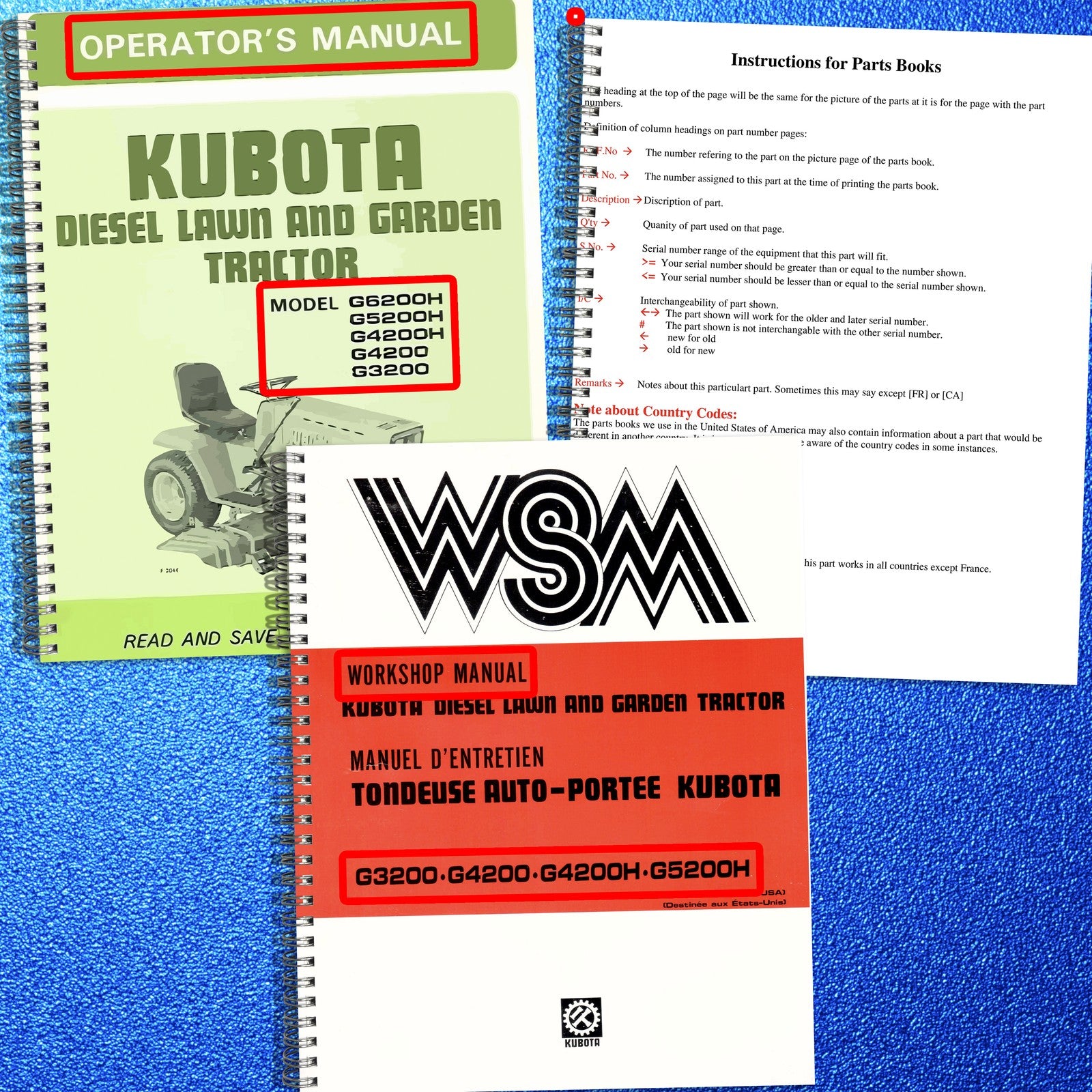 KUBOTA G3200 G4200 G4200H G5200H G6200H Workshop Operators Parts Manual BUNDLE