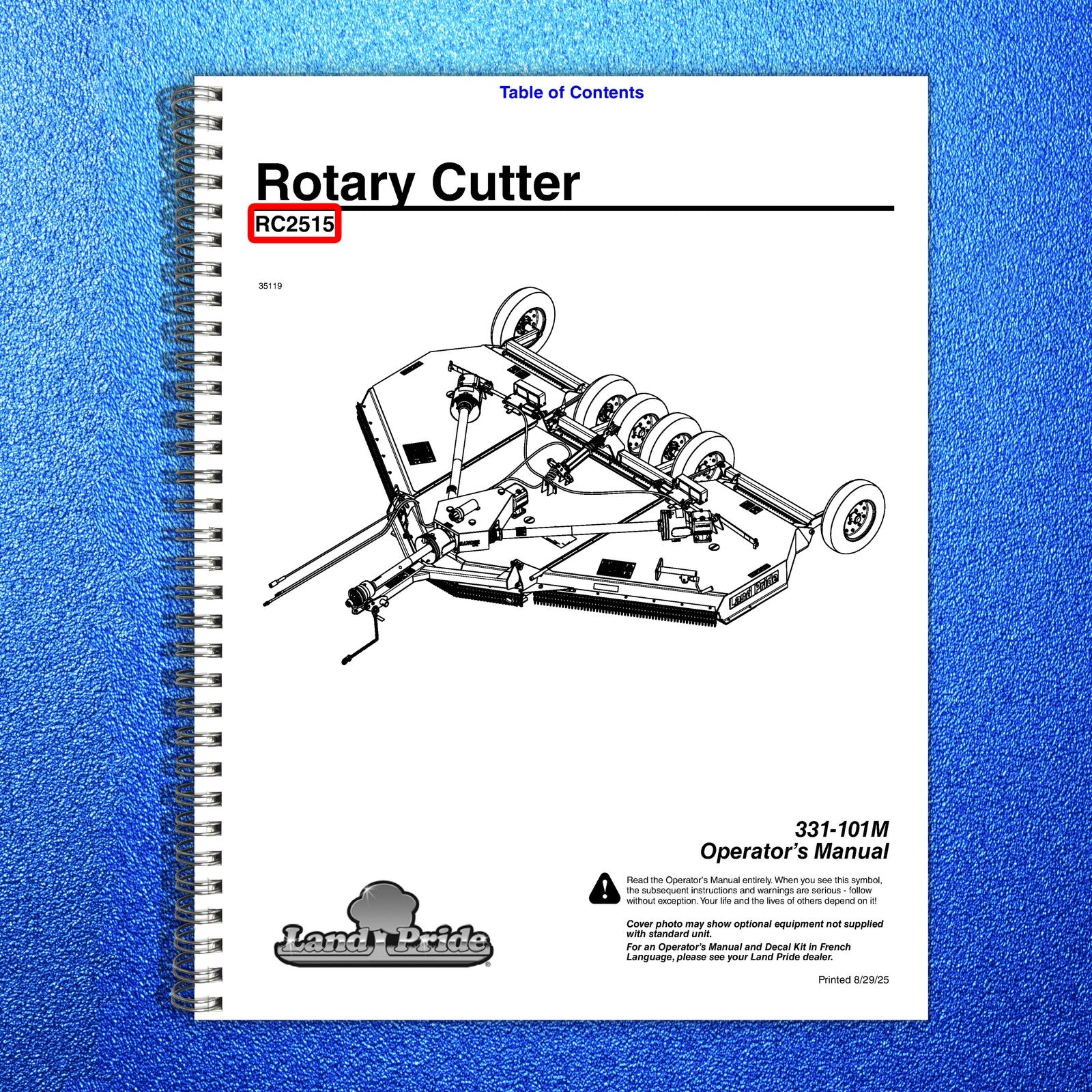 LAND PRIDE RC2515 Rotary Cutters Operators Manual - WIRE BOUND - TOUGH COVERS