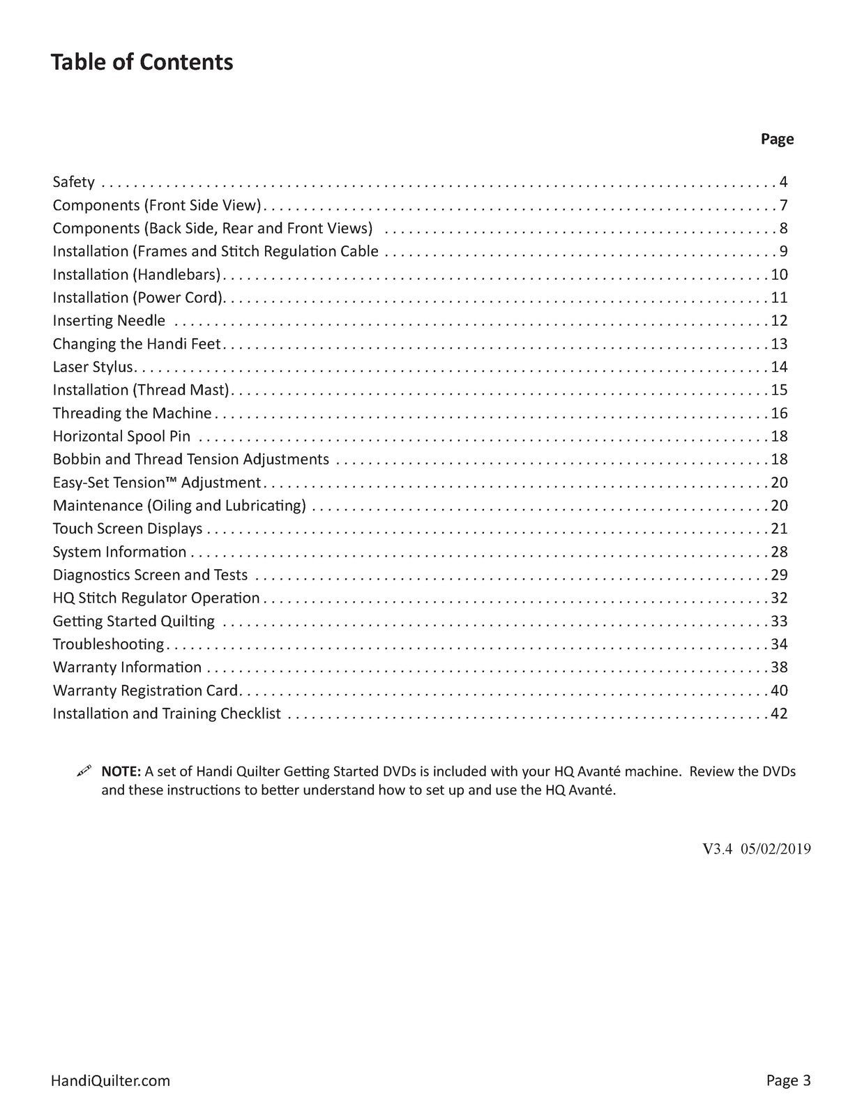 HANDI QUILTER HQ Avante v3.4 User Manual - WIRE BOUND - TOUGH COVERS