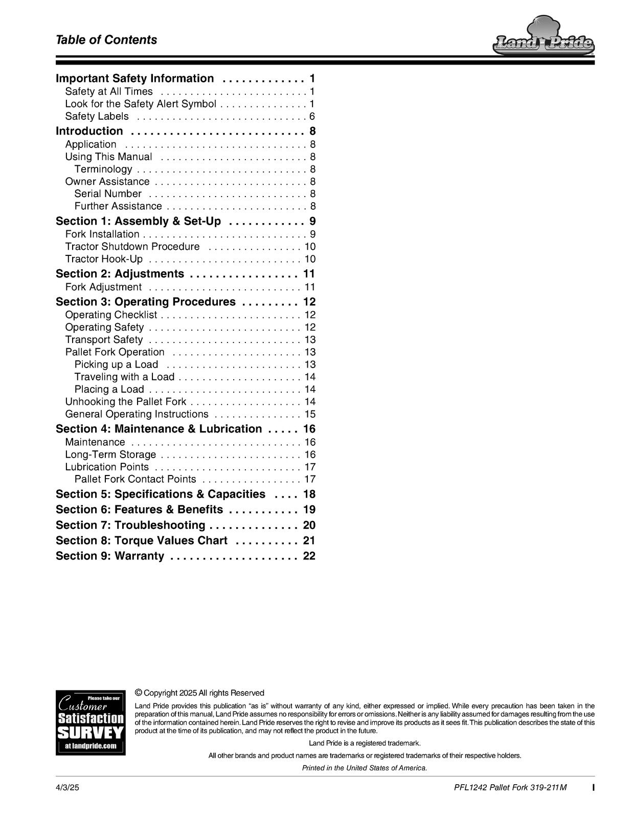 LAND PRIDE PFL12 Series Pallet Forks Operators Manual - WIRE BOUND - COVERS