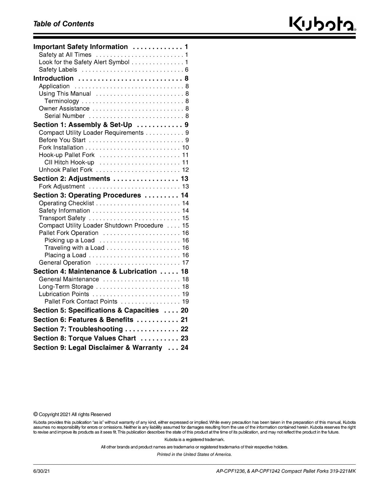 LAND PRIDE CPF12 Series Compact Pallet Forks Operators Manual - WIRE BOUND