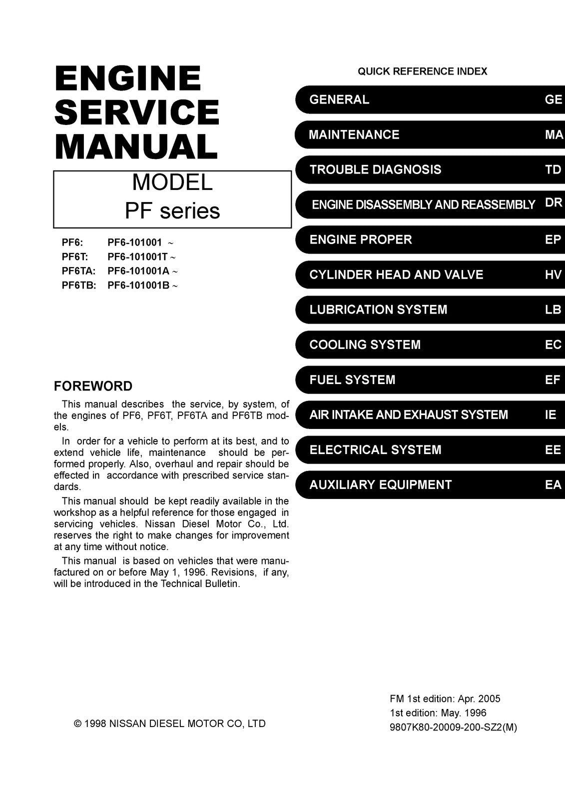 NISSAN DIESEL PF6 PF6T PF6TA PF6TB Engine Service Manual - WIRE BOUND - COVERS