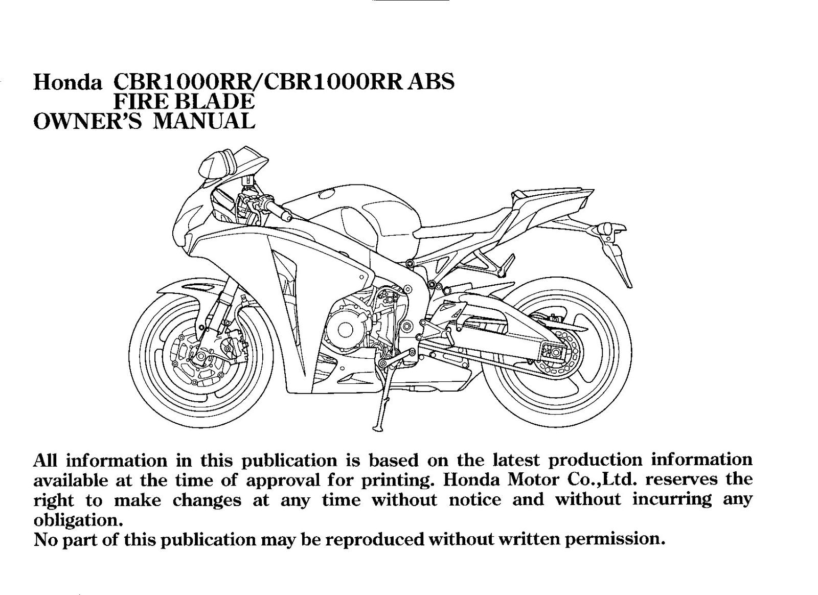 HONDA CBR1000RR CBR1000RR ABS Fire Blade Owners Manual 2009 - WIRE BOUND