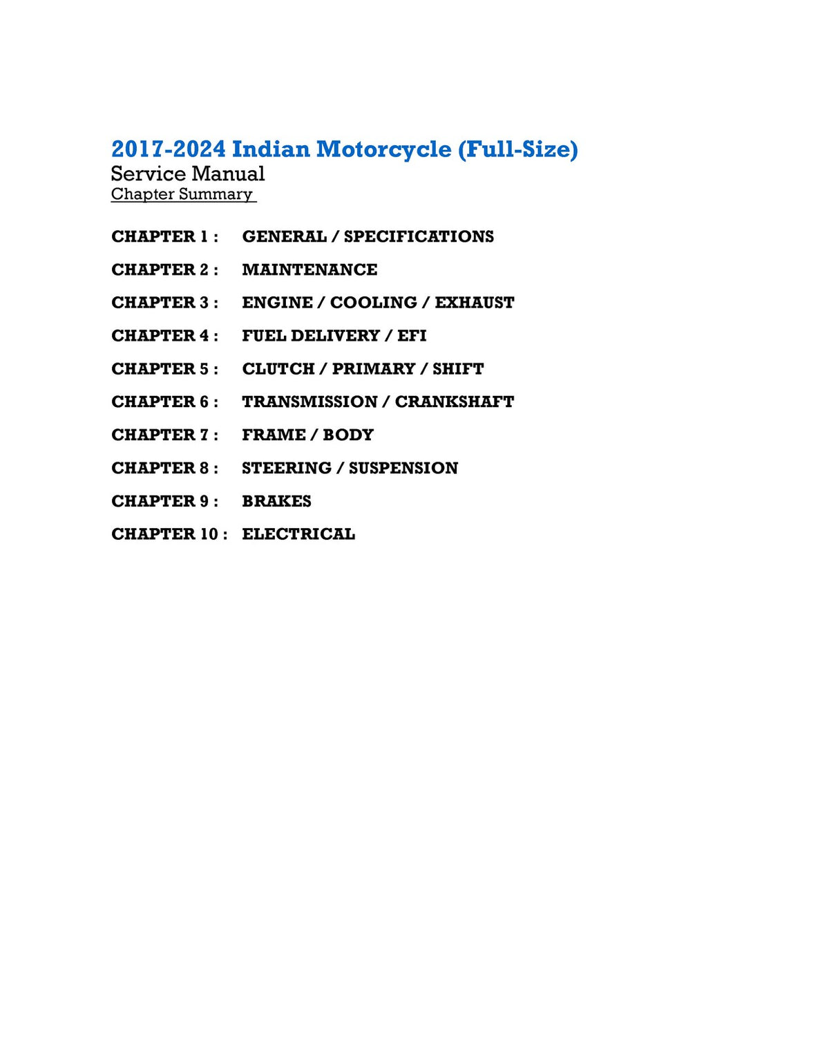 INDIAN Motorcycle Full-Size Service Manual 2017-2024 - WIRE BOUND - TOUGH COVERS