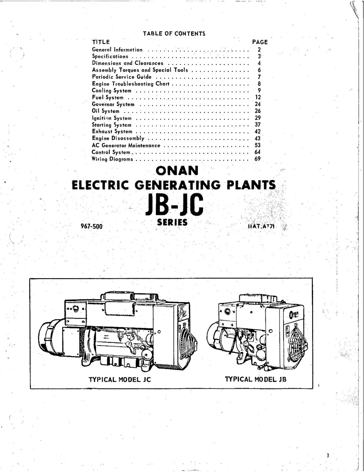 ONAN JB JC Electric Generating Plants Service Manual - WIRE BOUND - TOUGH COVERS