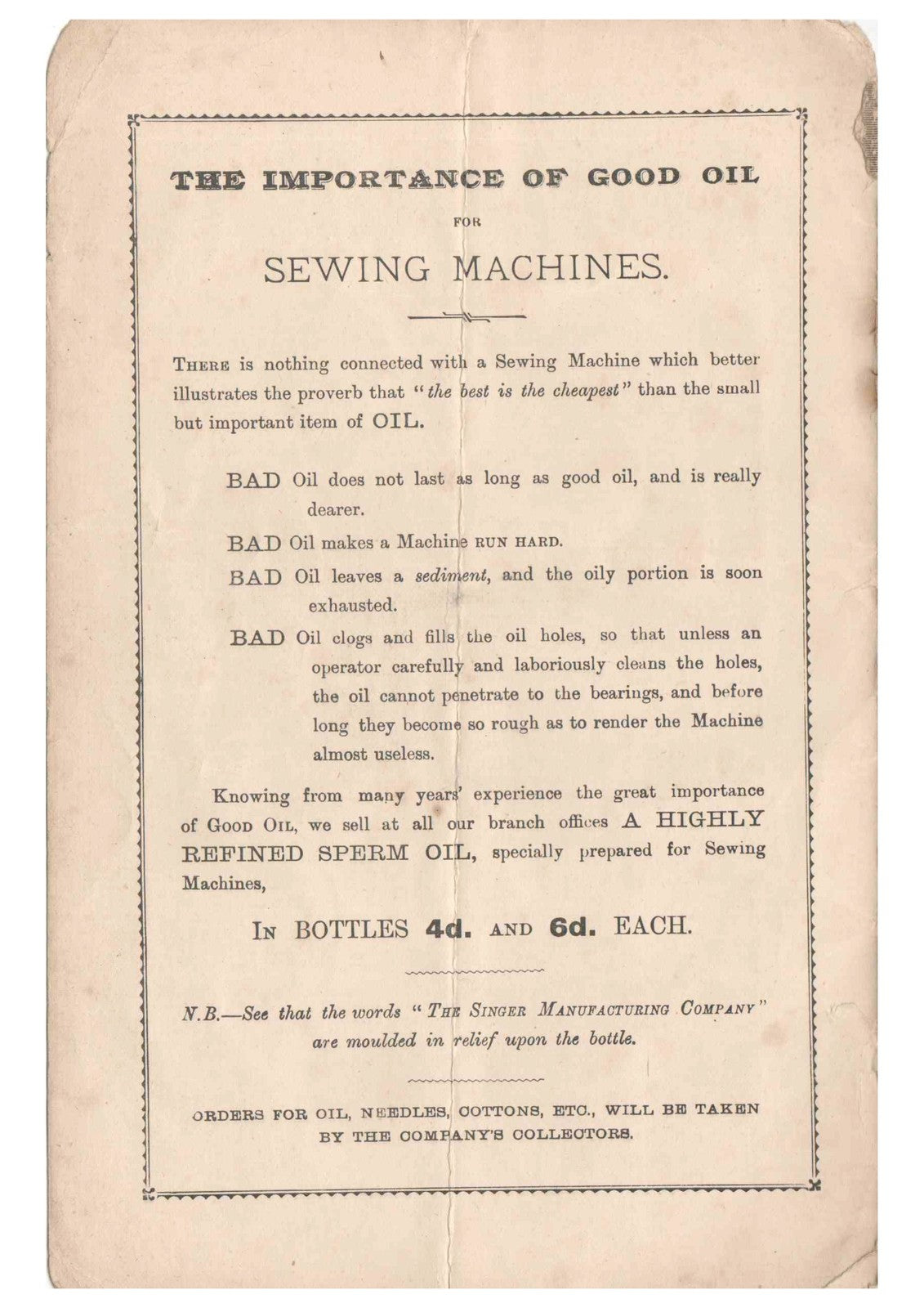 SINGER Fiddlebase from 1891 Sewing Machine Instruction Manual - WIRE BOUND