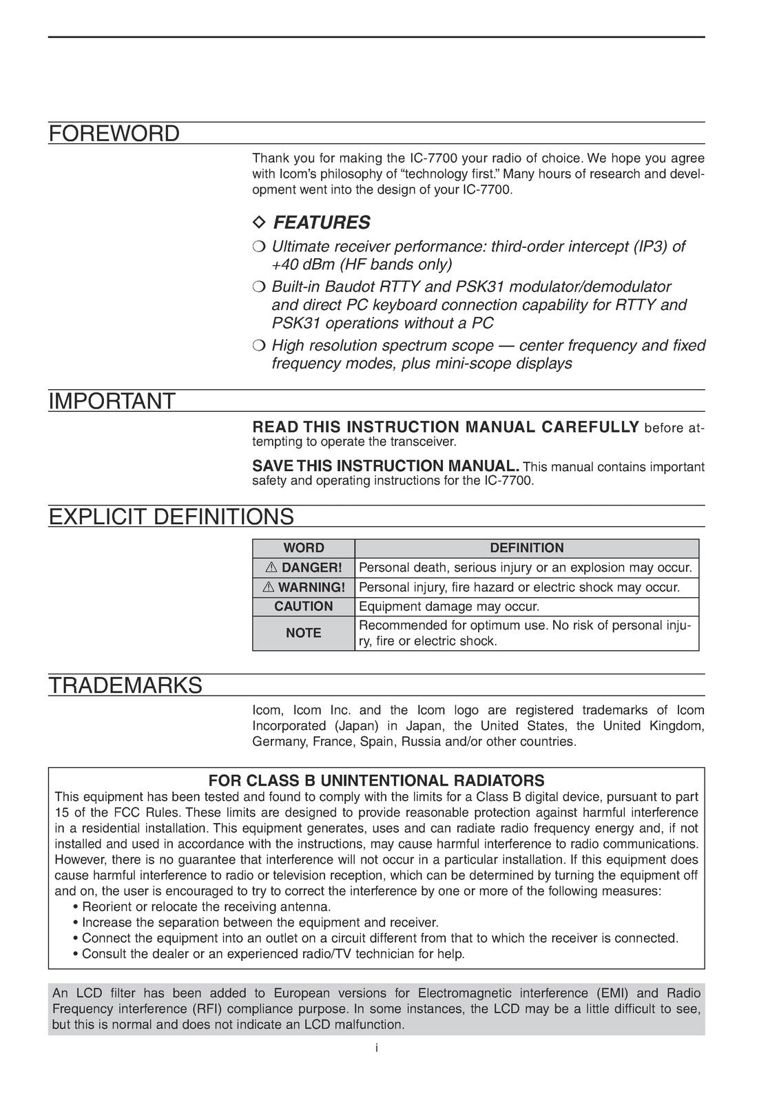 ICOM IC-7700 HF 50 MHz Transceiver Instruction Manual 2011 - WIRE BOUND - COVERS