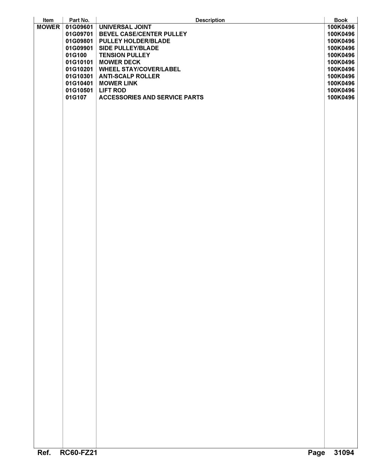 KUBOTA RC60-FZ21 Parts Manual - STEEL WIRE BOUND - PROTECTIVE COVERS