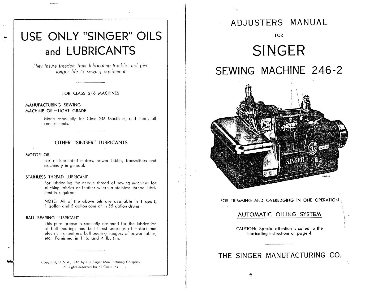 SINGER 246-2 Sewing Machine Service Manual - STEEL WIRE BOUND - TOUGH COVERS