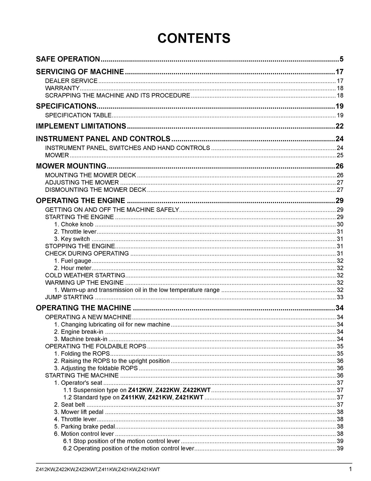 KUBOTA Z411KW Z421KW Z422KW Z422KWT Zero Turn Operators Manual, FOLDOUTS
