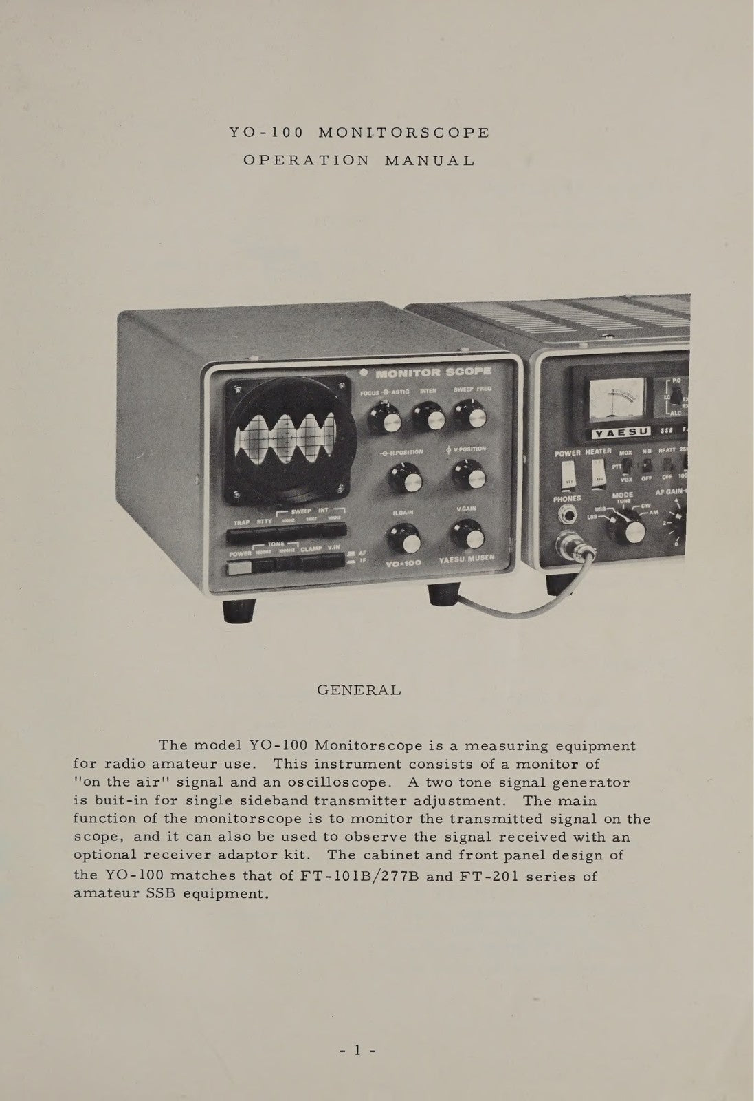 YAESU YO-100 Monitorscope Instruction Manual - BOUND - COVERS - XL FOLDOUT PAGES