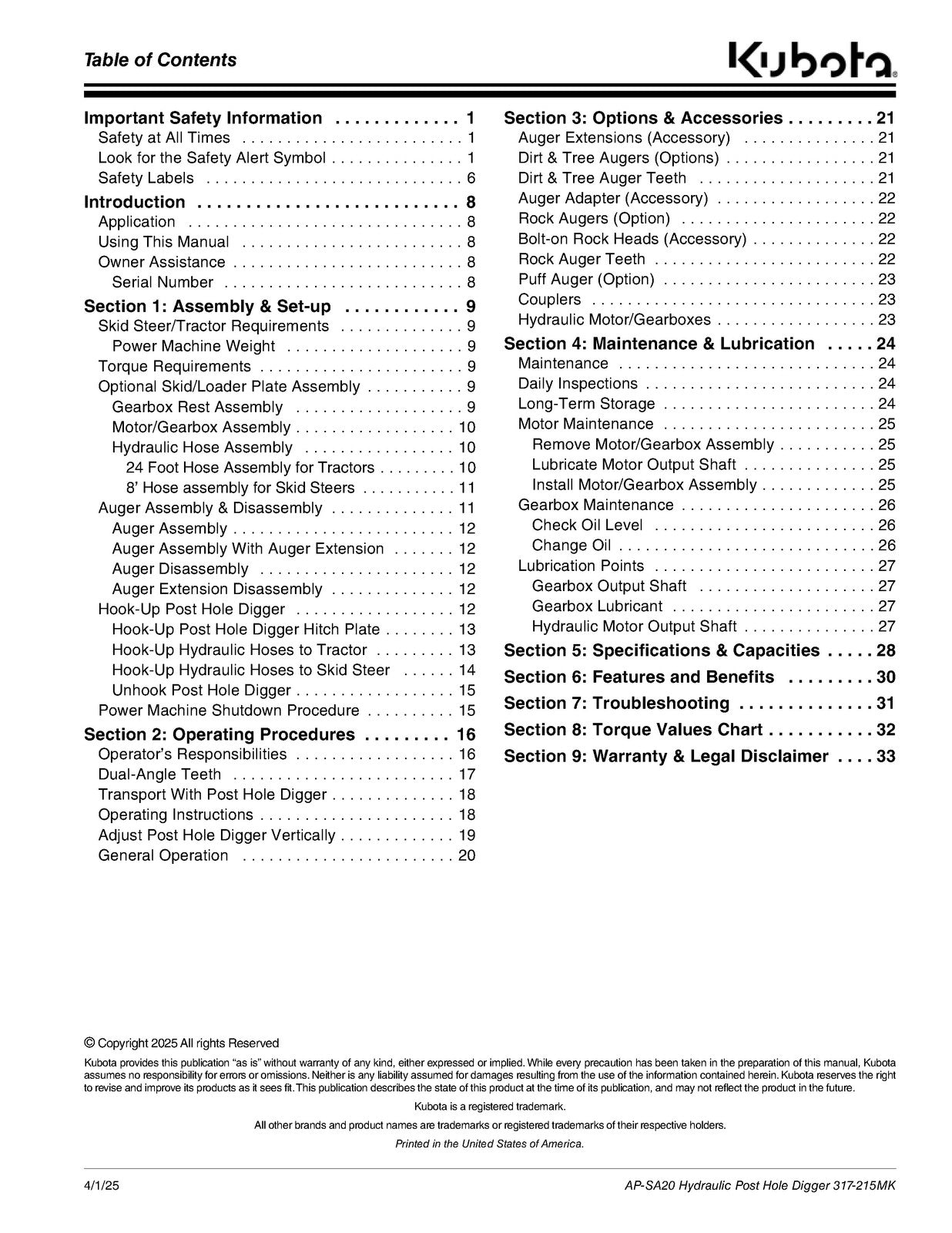 LAND PRIDE SA20 Series Post Hole Digger Operators Manual 2 - WIRE BOUND