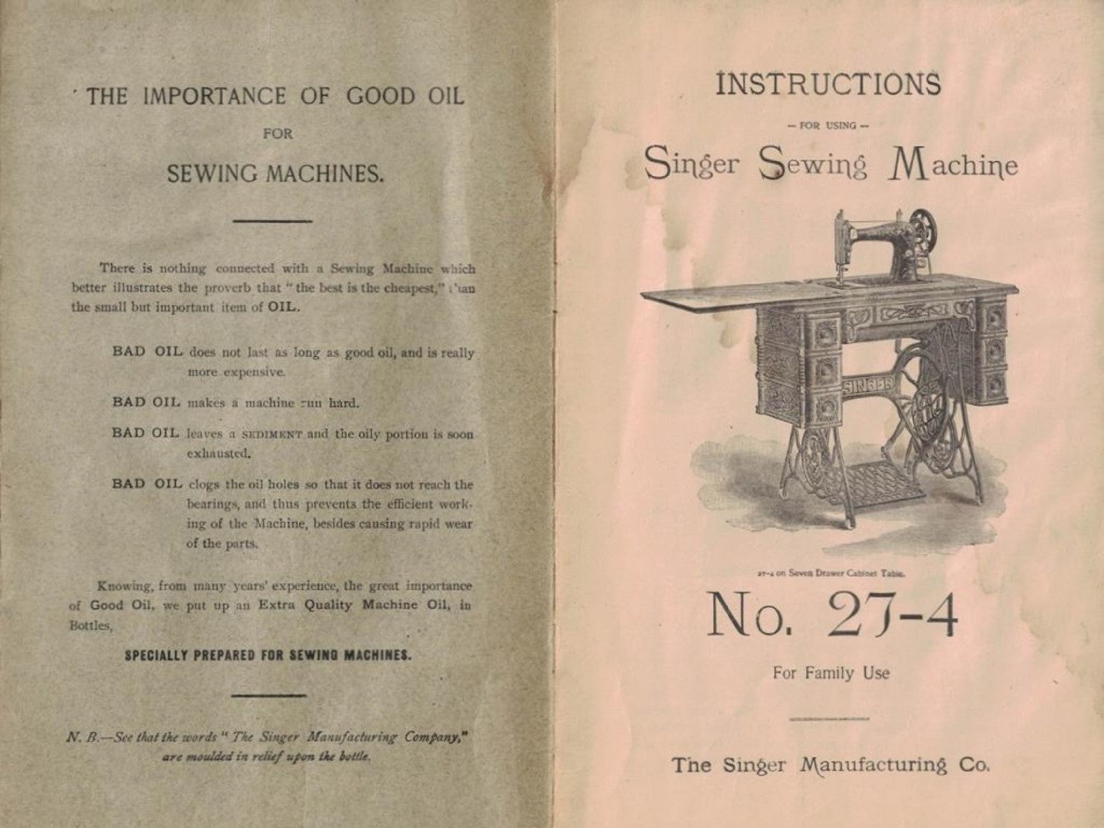 SINGER 27-4 Sewing Machine Instructions Manual - STEEL WIRE BOUND - TOUGH COVERS
