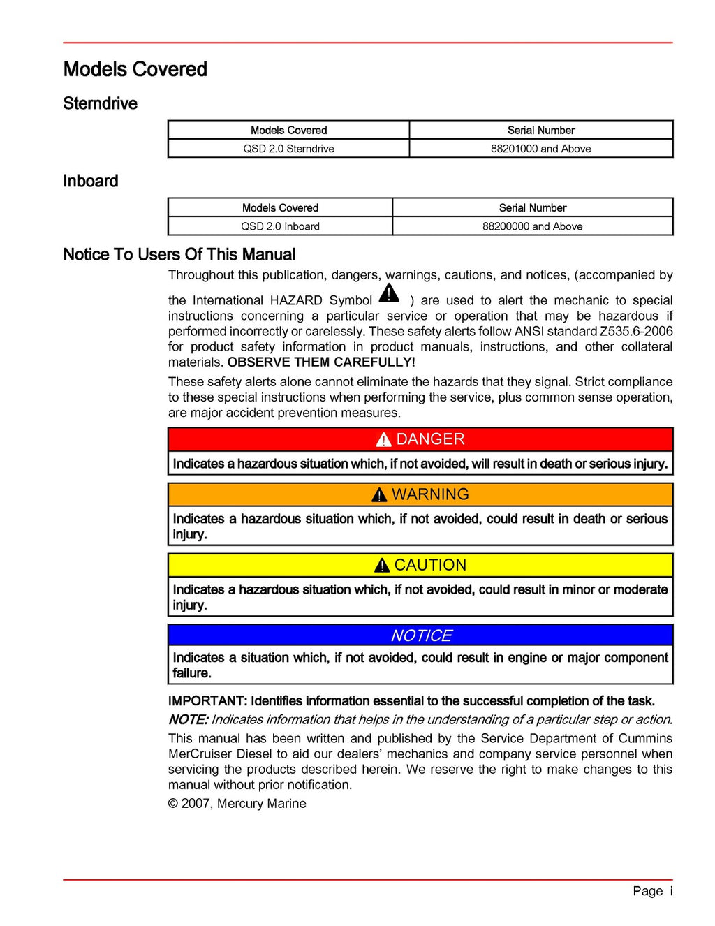 MERCURY CUMMINS STERNDRIVE Service Manual NO 48 QSD 20 Liter Diesel Engines
