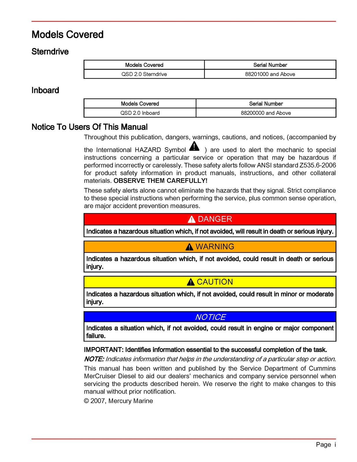 MERCURY CUMMINS STERNDRIVE Service Manual NO 48 QSD 20 Liter Diesel Engines