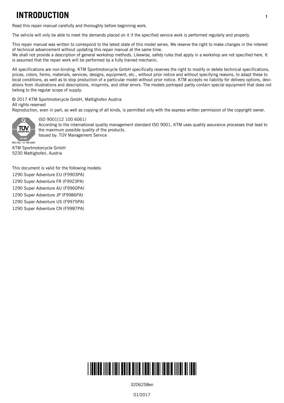 KTM 1290 Super Adventure Service Repair Manual 2016 - WIRE BOUND - TOUGH COVERS
