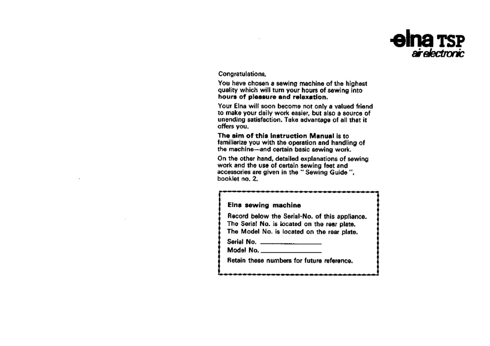 ELNA TSP Air Electronic Sewing Machine Instruction Manual - WIRE BOUND - COVERS