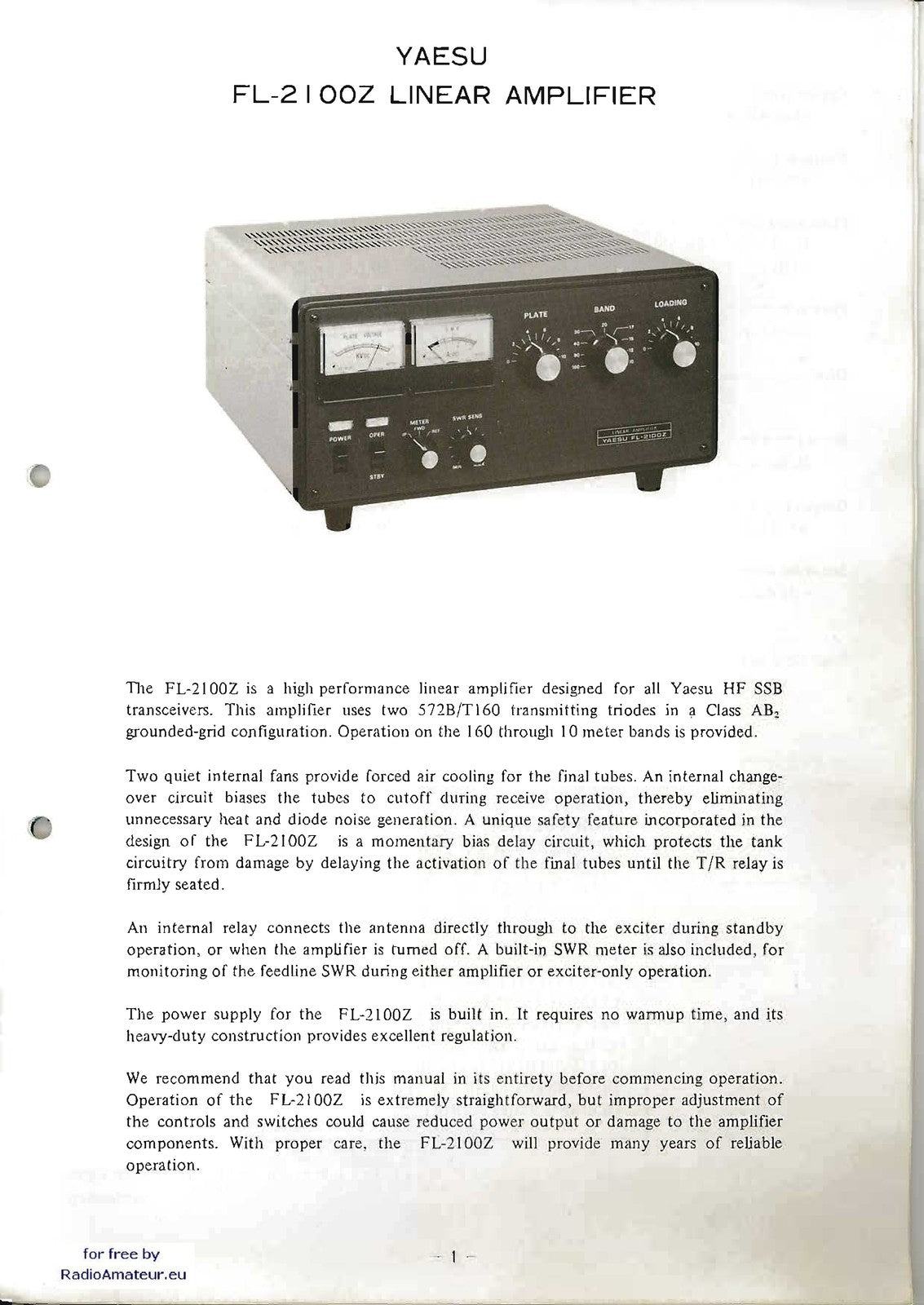 YAESU FL-2100Z HF Linear Amplifier User Manual - STEEL WIRE BOUND - TOUGH COVERS
