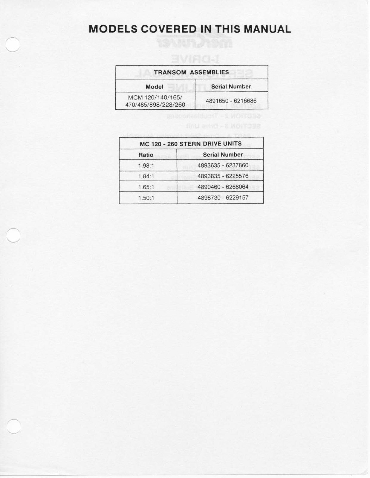 MERCURY MERCRUISER MCM 120 140 165 470 485 898 228 260 Service Manual 1986