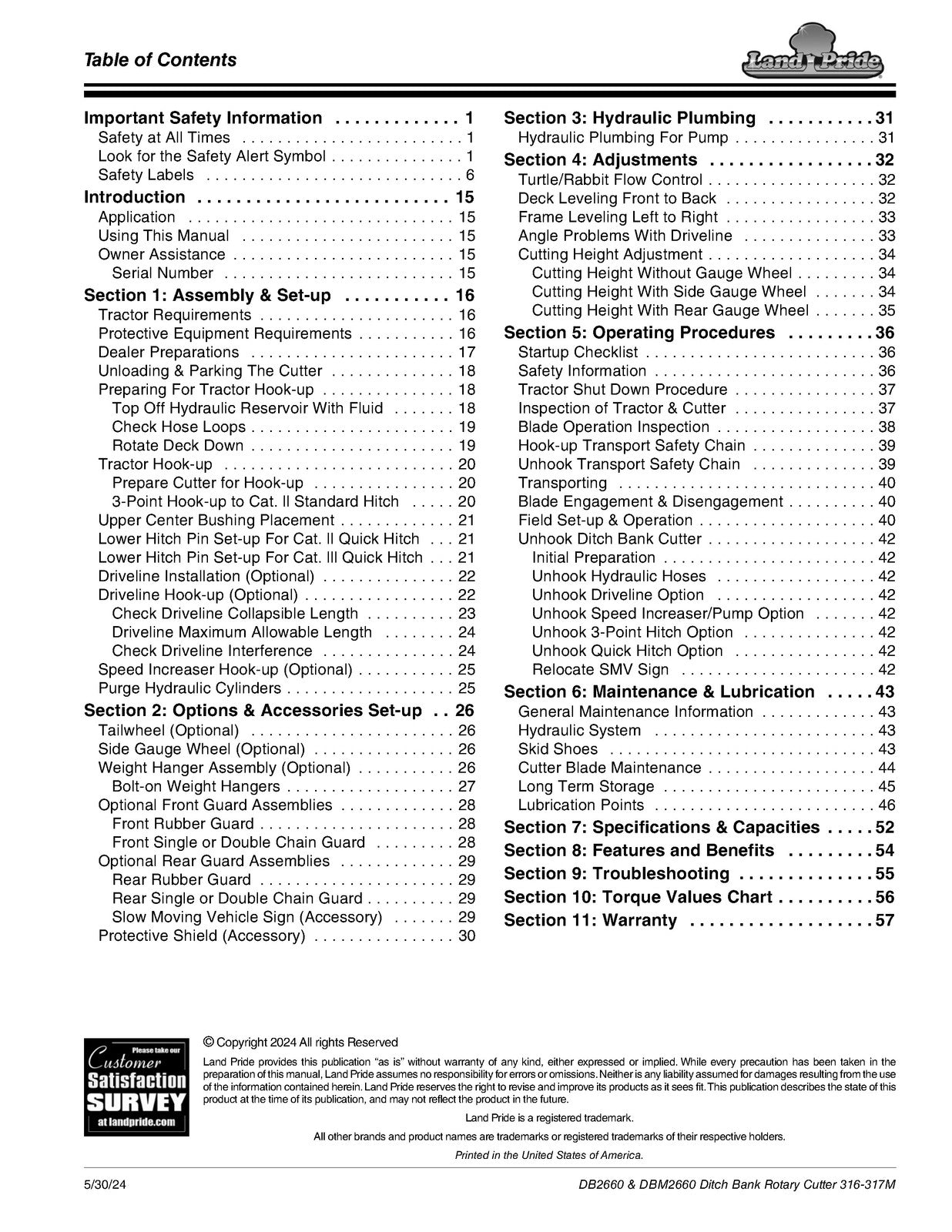 LAND PRIDE DB26 Series Ditch Bank Cutter Operators Manual - WIRE BOUND - COVERS