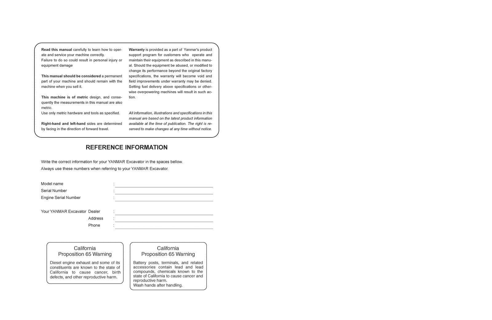 YANMAR ViO27-5 ViO35-5 Excavator Operation and Maintenance Manual - WIRE BOUND