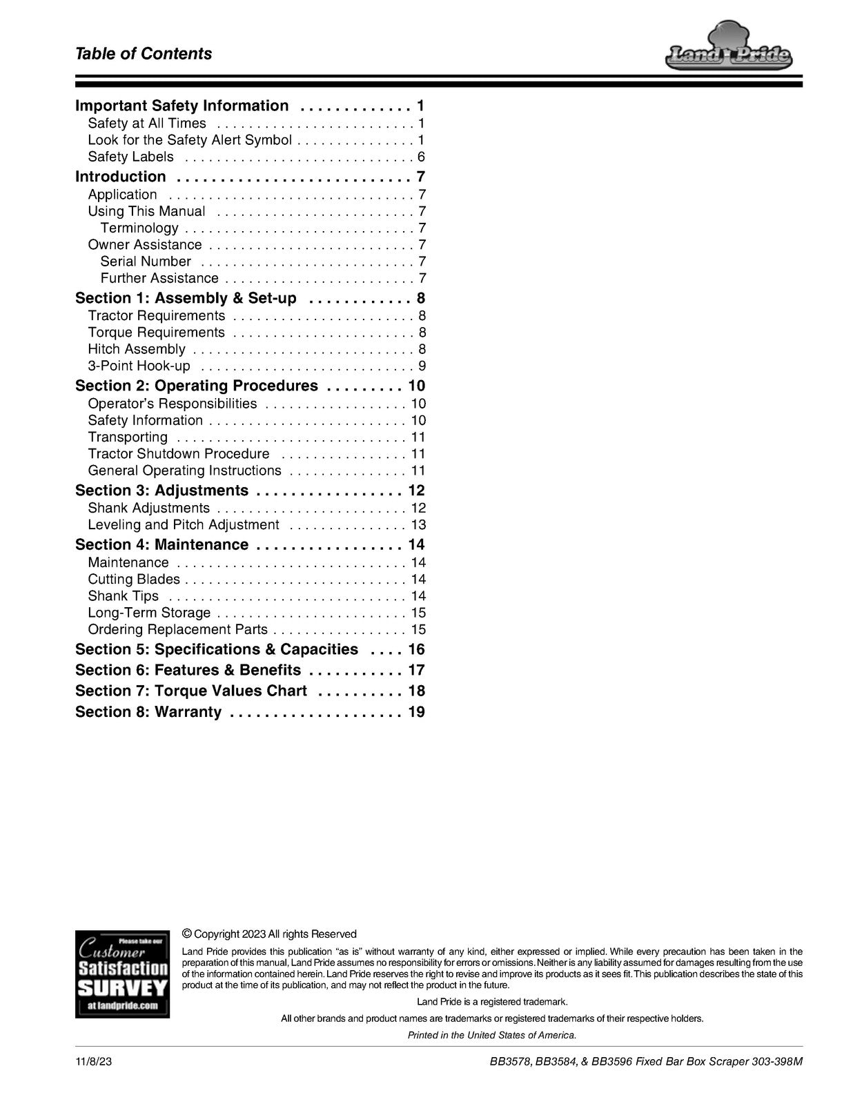 LAND PRIDE BB35 Series Box Scrapers Operators Manual - WIRE BOUND - TOUGH COVERS