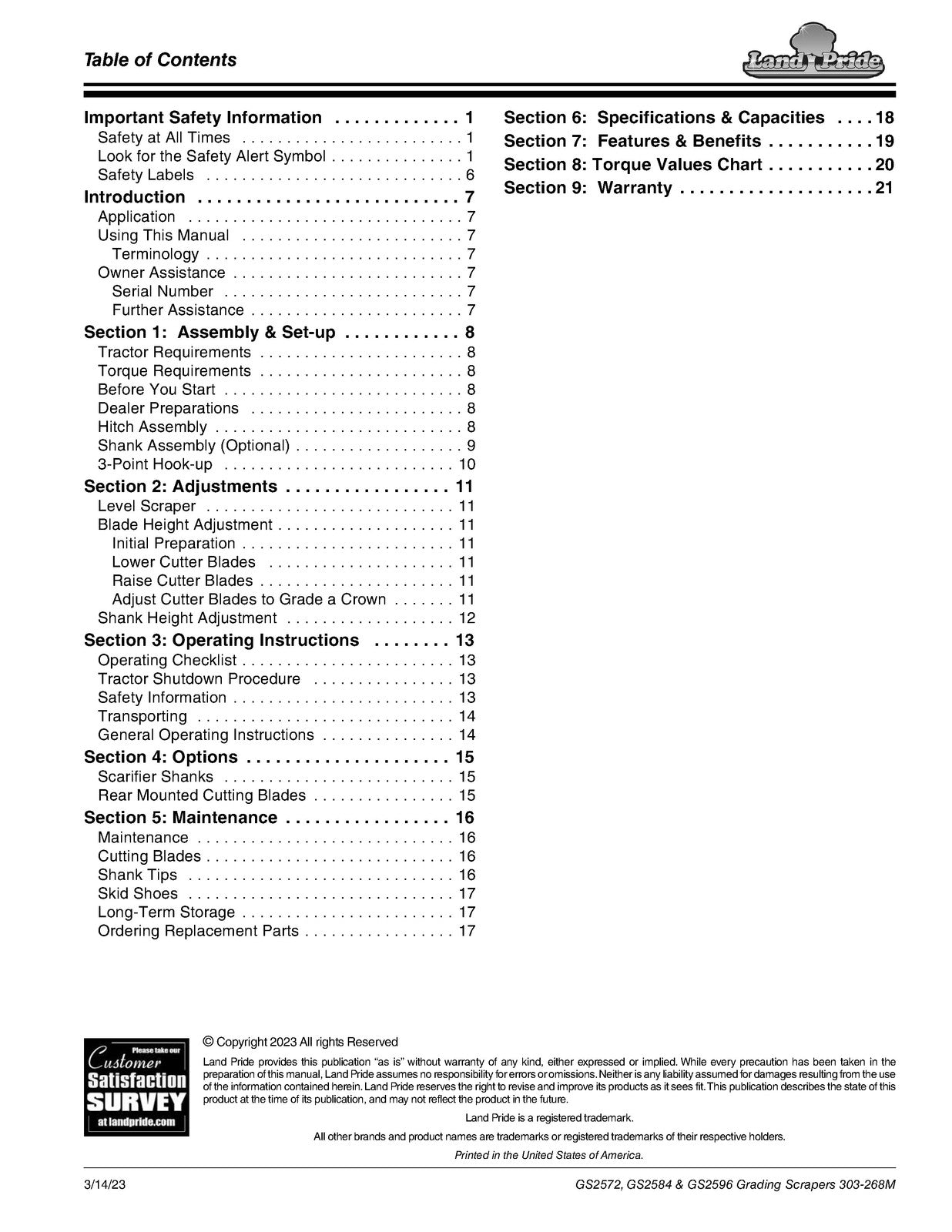 LAND PRIDE GS25 Series Grading Scrapers Operators Manual - WIRE BOUND - COVERS