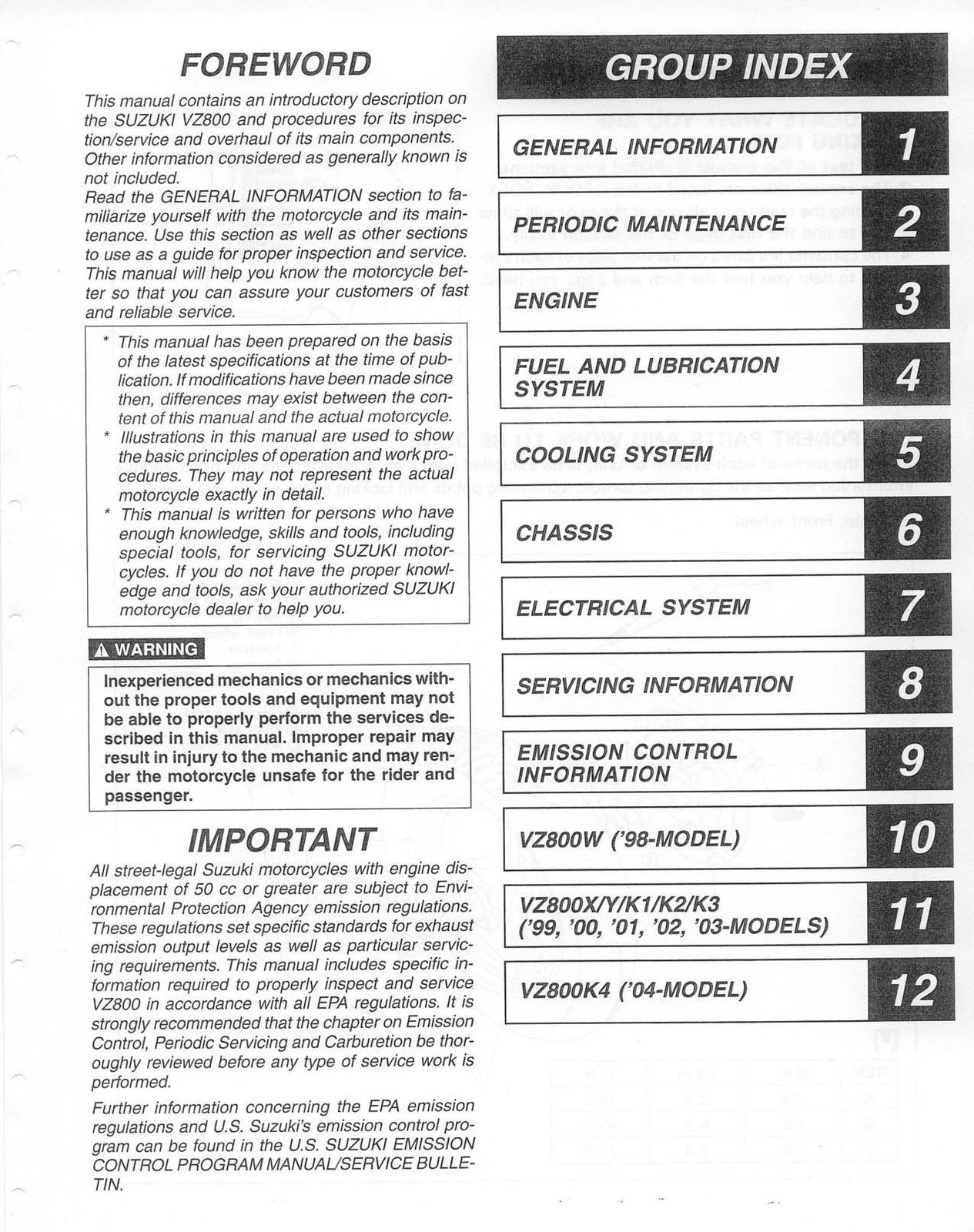 SUZUKI VZ800 Marauder Motorcycle Service Manual 1998-2004 - WIRE BOUND - COVERS