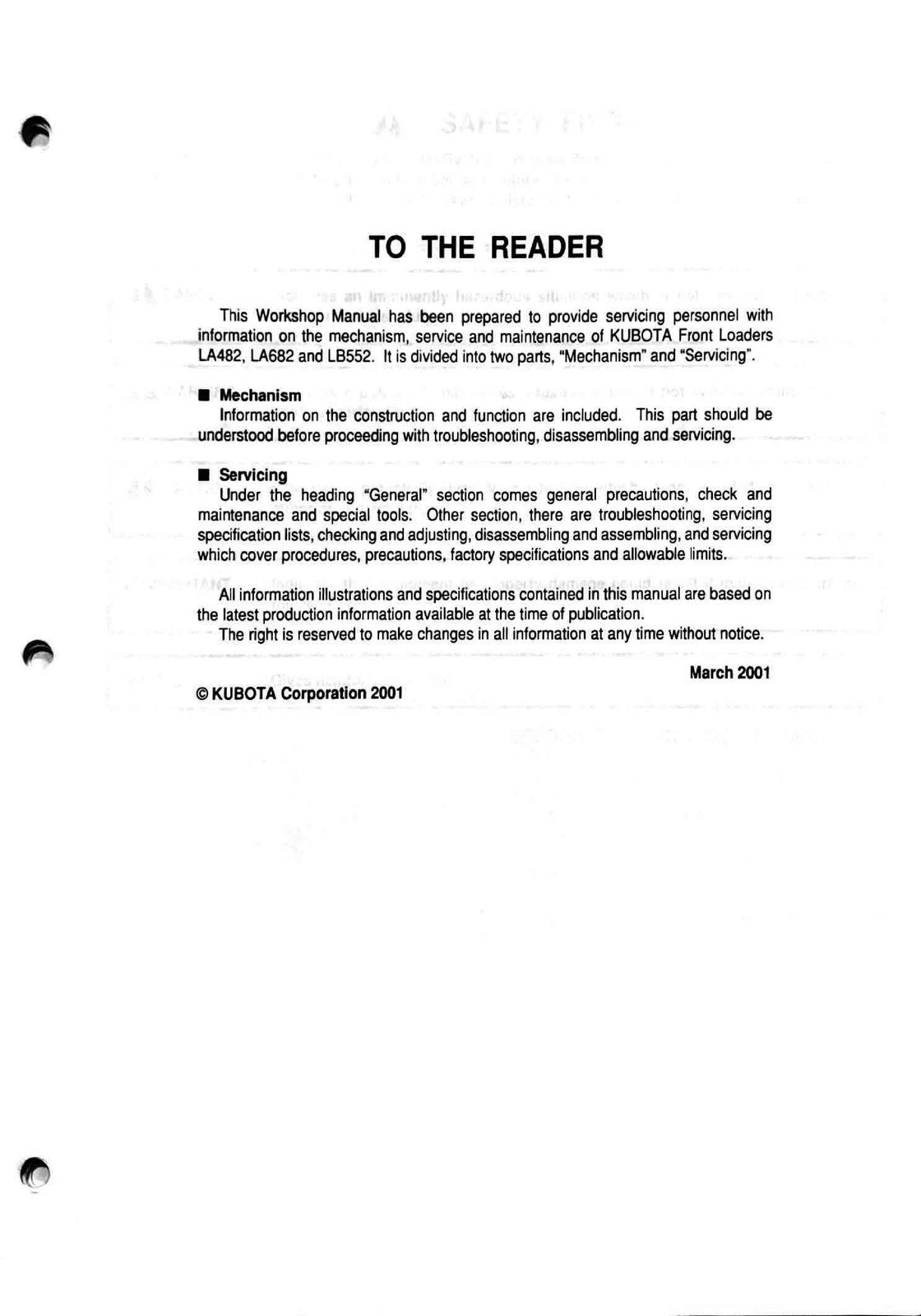 KUBOTA LA482 LA682 LB552 Front Loader Workshop Manual 2001 - WIRE BOUND - COVERS
