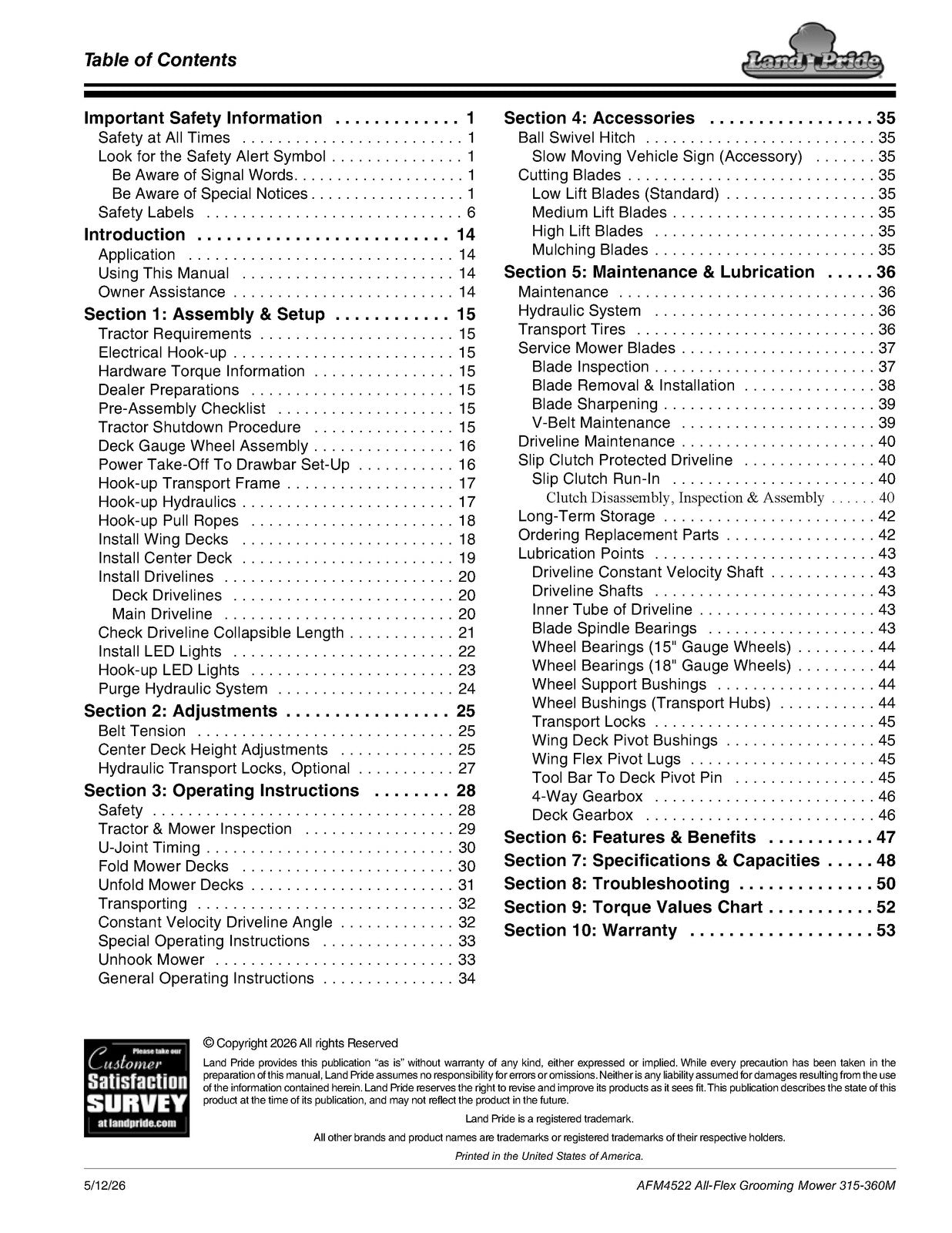 LAND PRIDE AFM4522 All-flex Mowers Operators Manual - WIRE BOUND - TOUGH COVERS