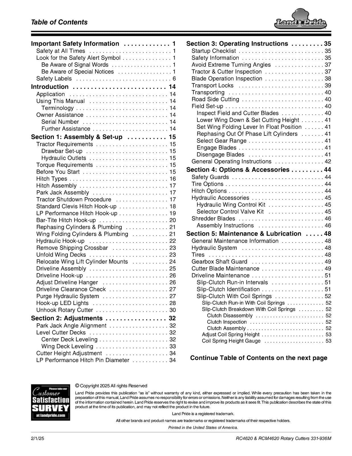 LAND PRIDE RC4620 Rotary Cutter Operators Manual - WIRE BOUND - TOUGH COVERS