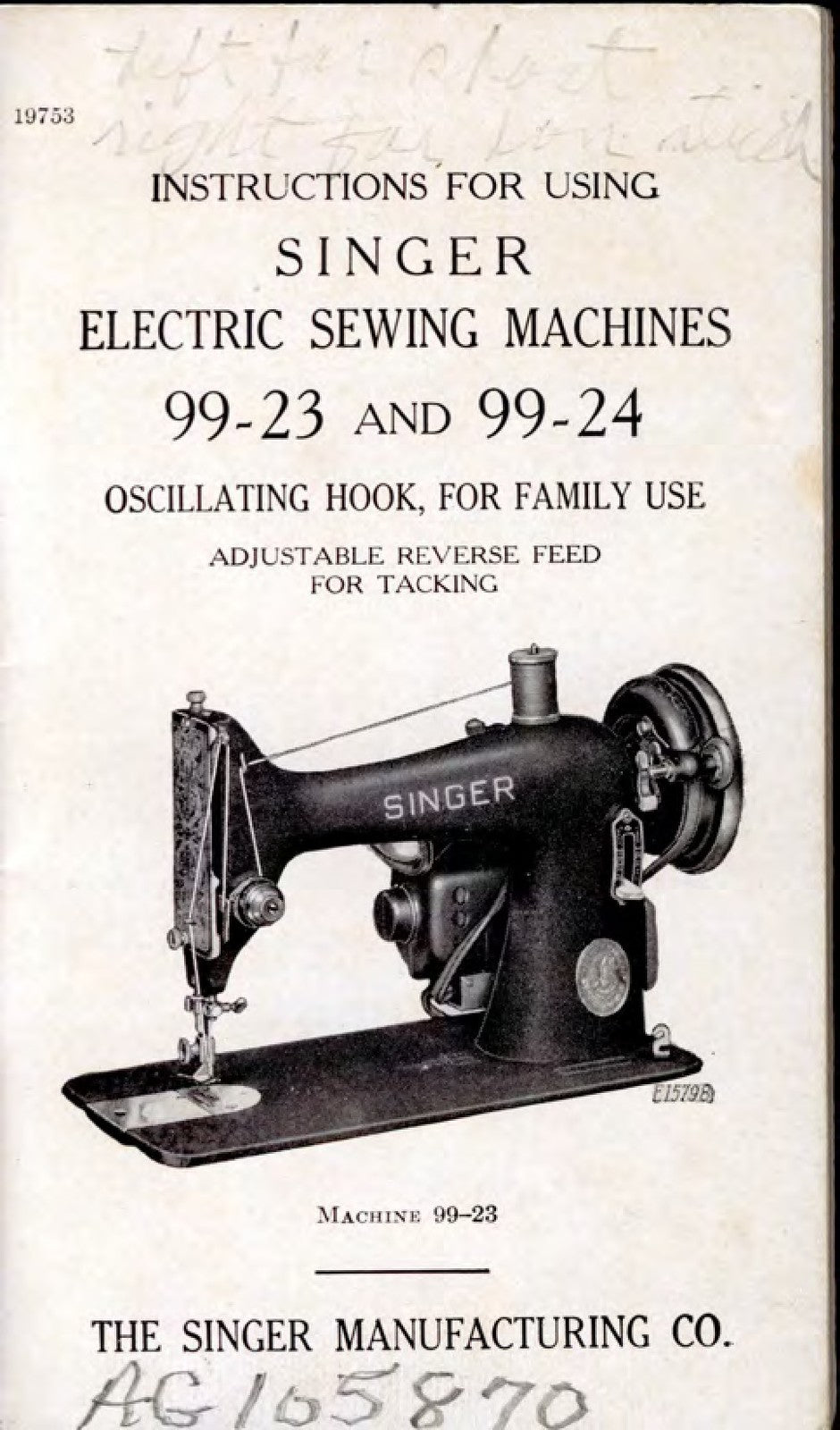 SINGER 99-23 99-24 Electric Sewing Machine Instruction Manual - WIRE BOUND