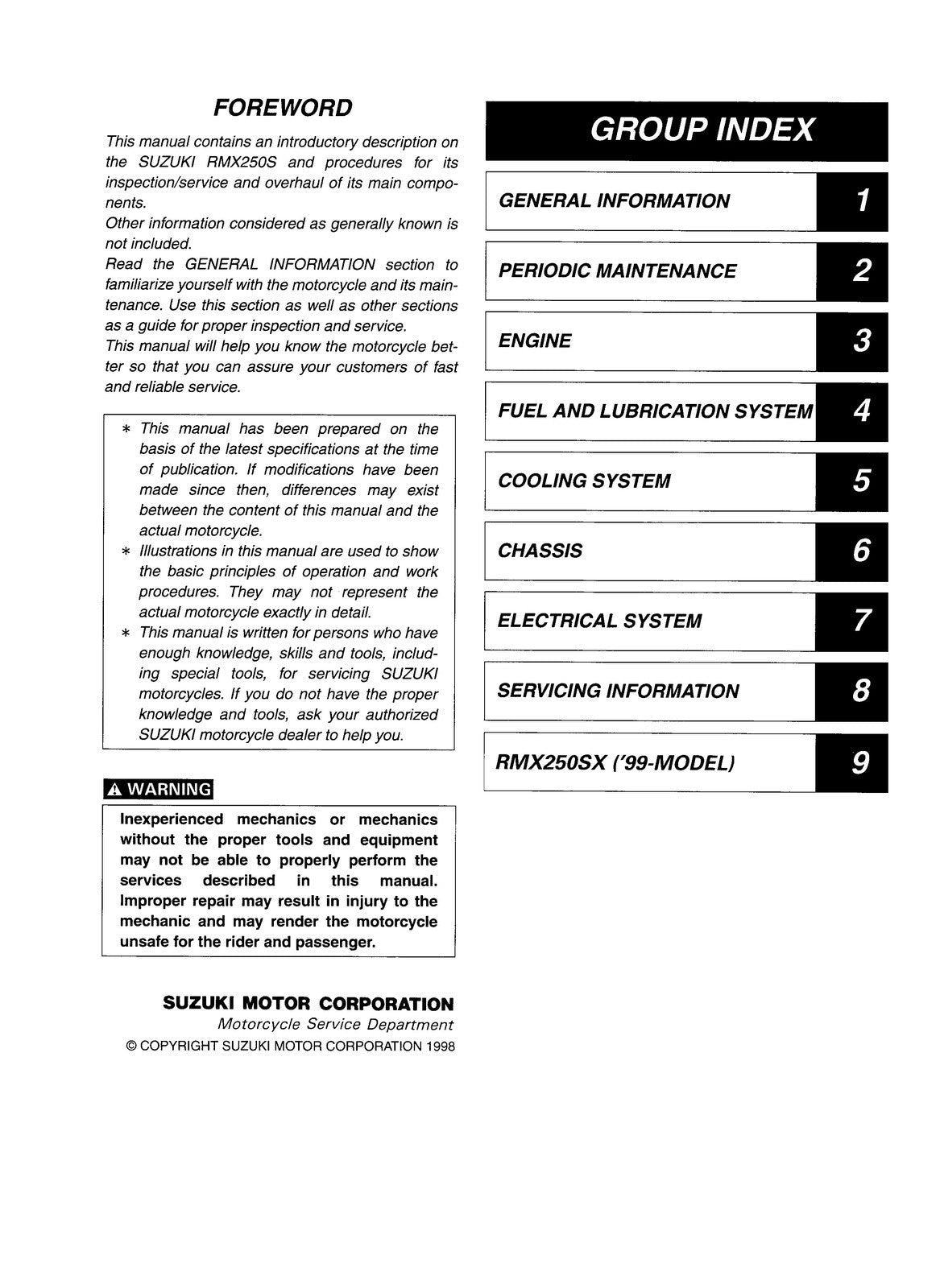 SUZUKI RMX250S Motorcycle Service Manual 1998-1999 - WIRE BOUND - TOUGH COVERS