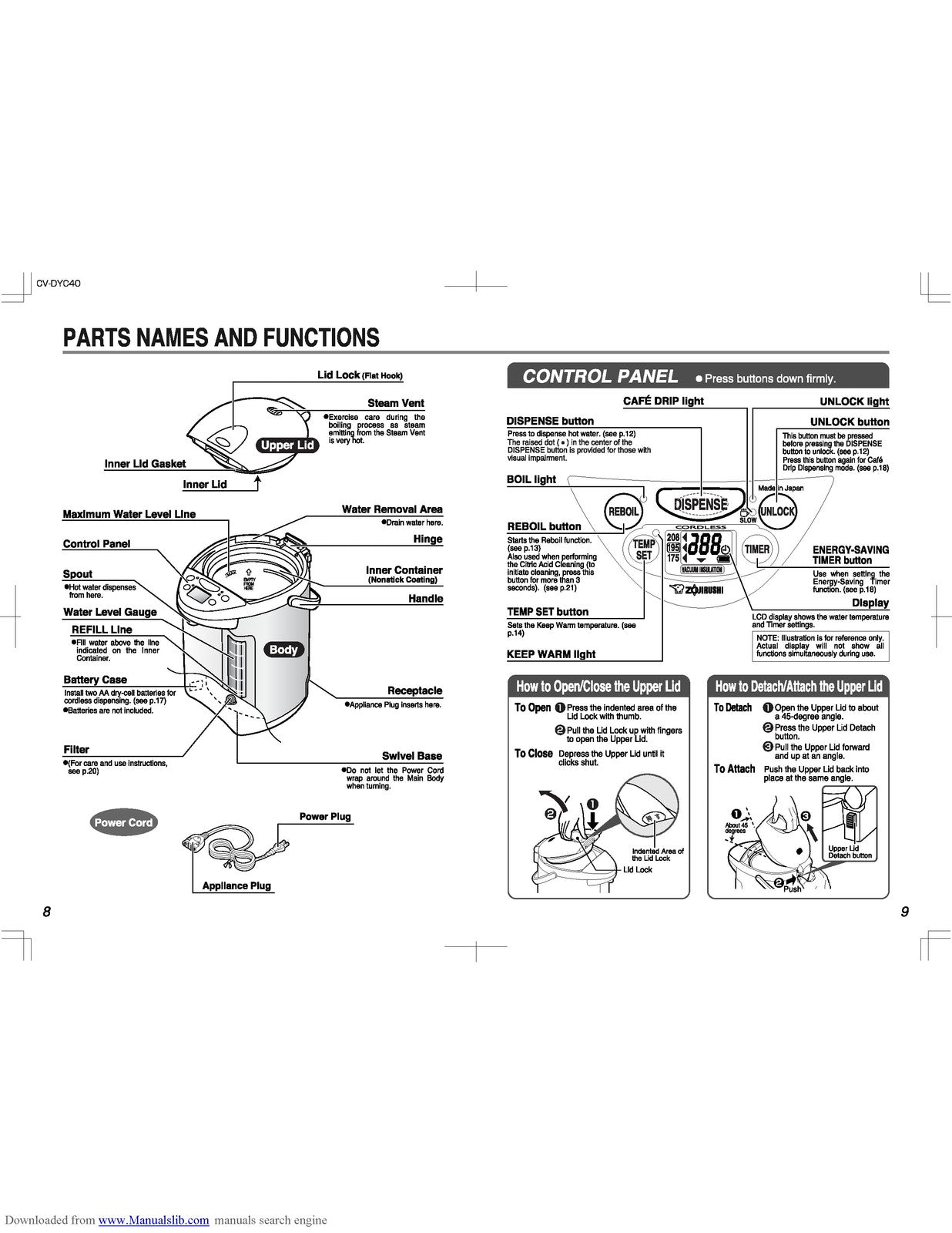ZOJIRUSHI CV-DYC40 VE Hybrid Water Boiler Operating Instructions Manual - BOUND