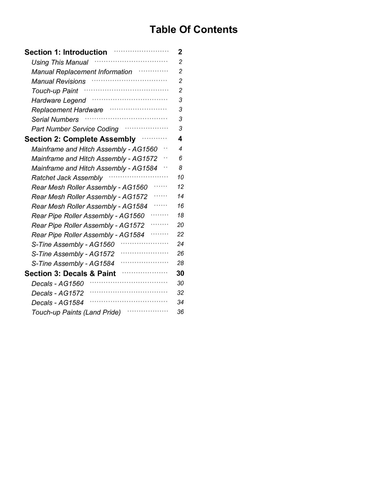 LAND PRIDE AG15 Series Arena Graders Parts Manual 2026 - WIRE BOUND - COVERS