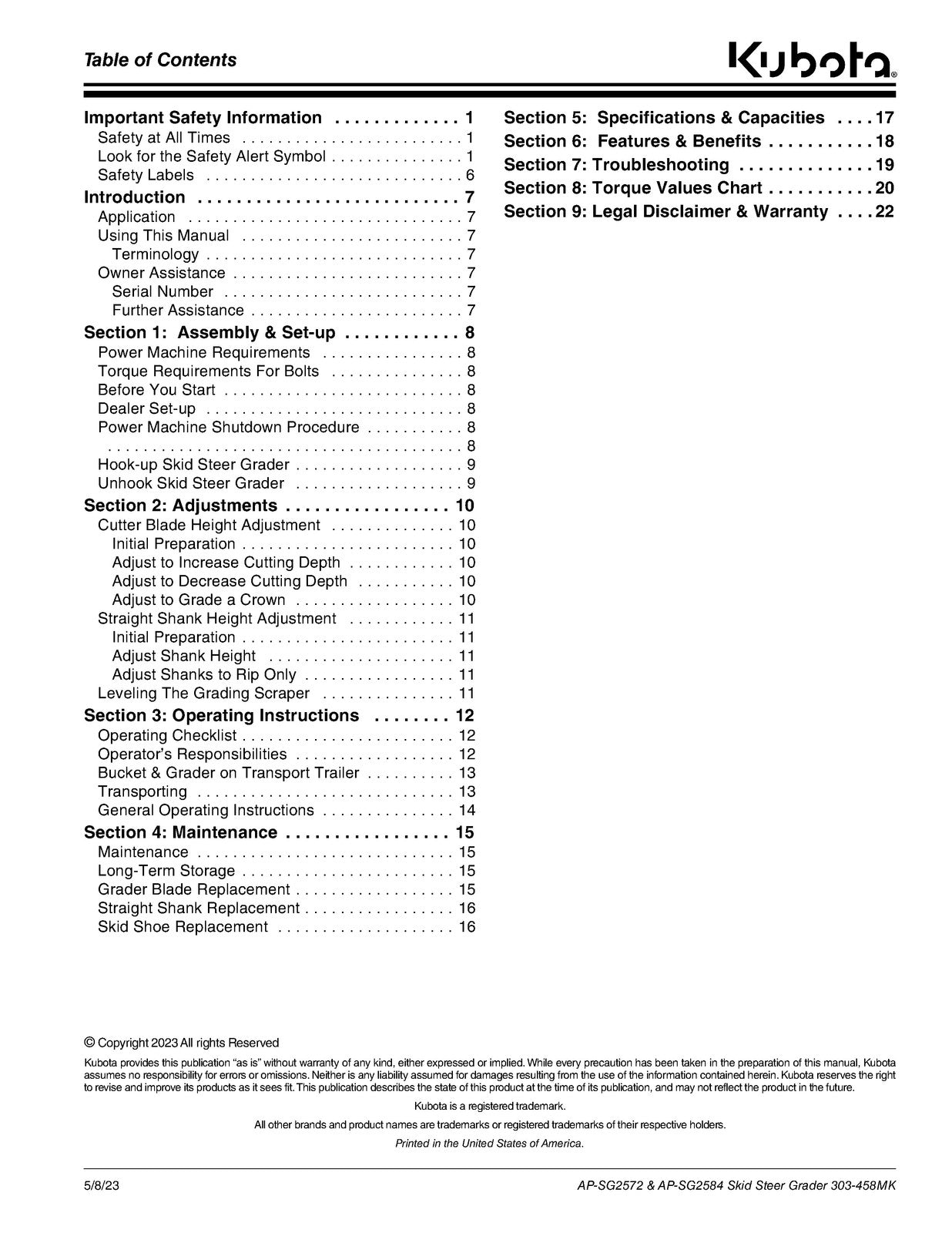 LAND PRIDE SG25 Series Skid Graders Operators Manual - WIRE BOUND - TOUGH COVERS