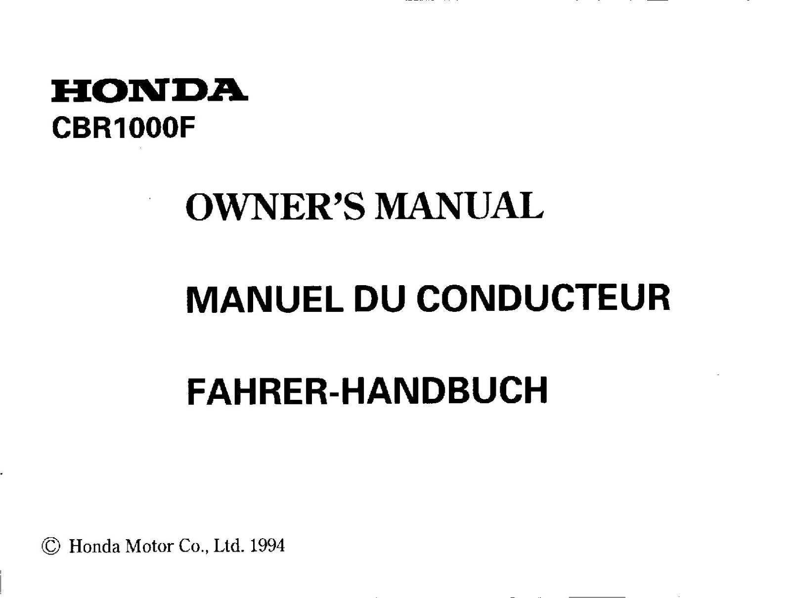 HONDA CBR1000F Motorcycle Owners Manual 1994 - BOUND - COVERS - XL FOLDOUT PAGES