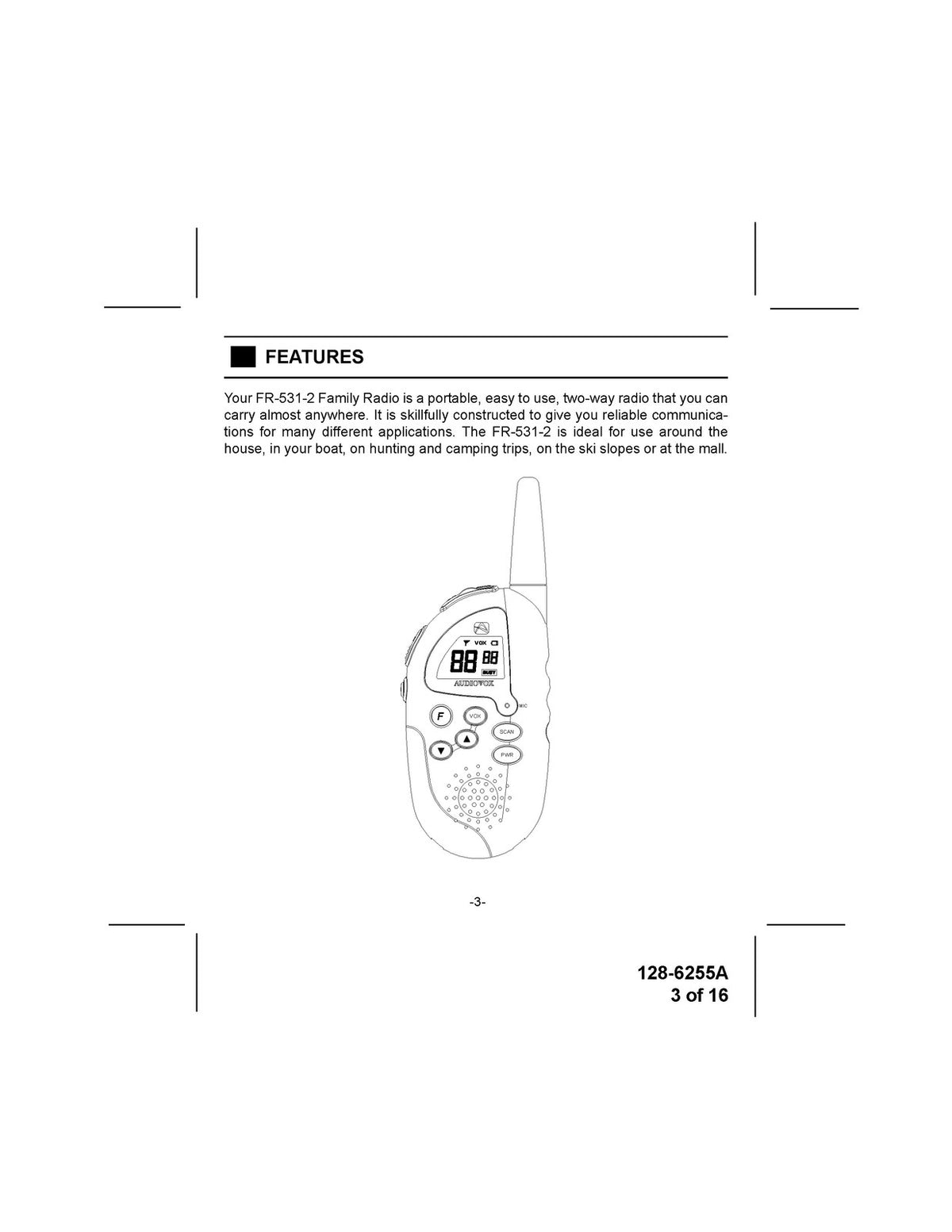AUDIOVOX FR-531-2 Two Way Family Radio Owners Manual - WIRE BOUND - TOUGH COVERS