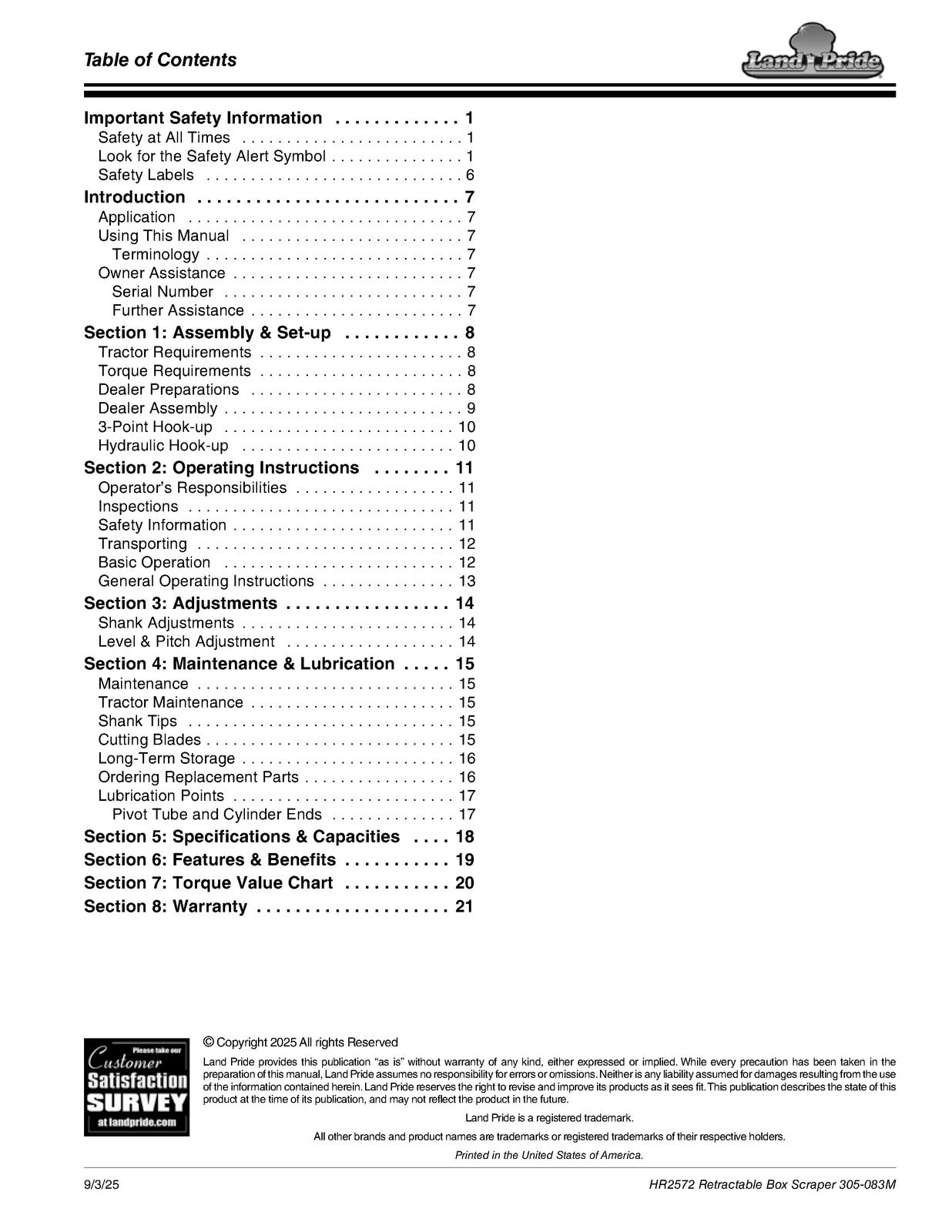LAND PRIDE HR25 Series Box Scrapers Operators Manual - WIRE BOUND - TOUGH COVERS