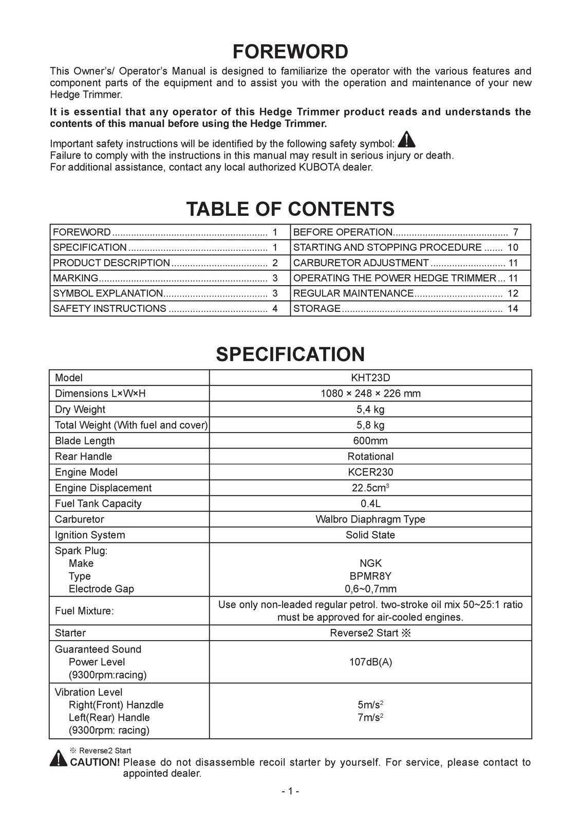 KUBOTA KHT23D Hedge Trimmer Owners Operators Manual - WIRE BOUND - TOUGH COVERS