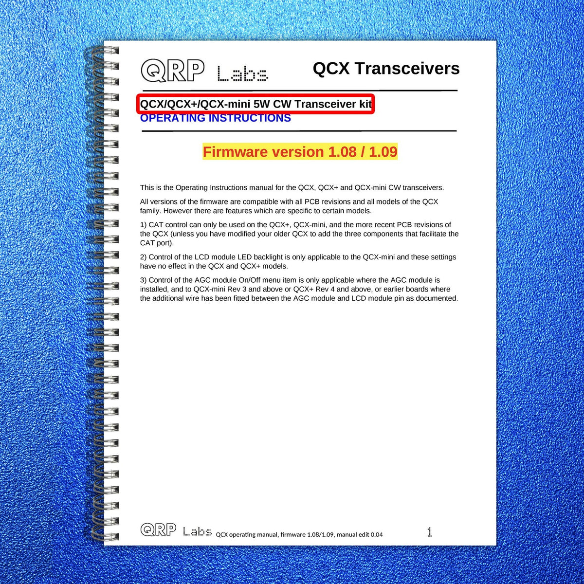 QRP LABS QCX QCX-Mini Assembly & Operators Manual BUNDLE - WIRE BOUND - COVERS